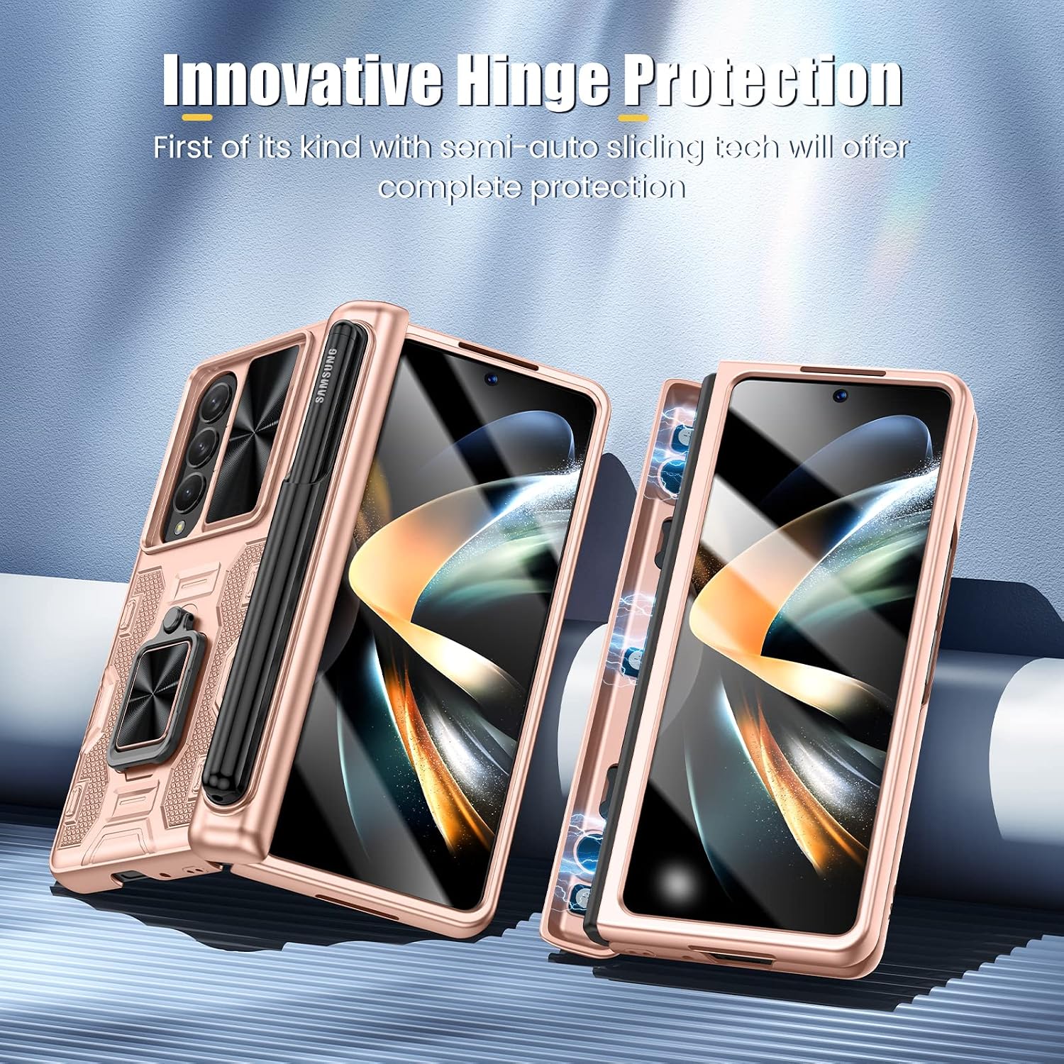 Caka for Galaxy Z Fold 4 Case, Z Fold 4 Case with S Pen Holder & Hinge Protection, Camera Cover & Kickstand with Built-in 360°Rotate Ring Stand Magnetic Phone Case for Samsung Z Fold 4-Rose Gold