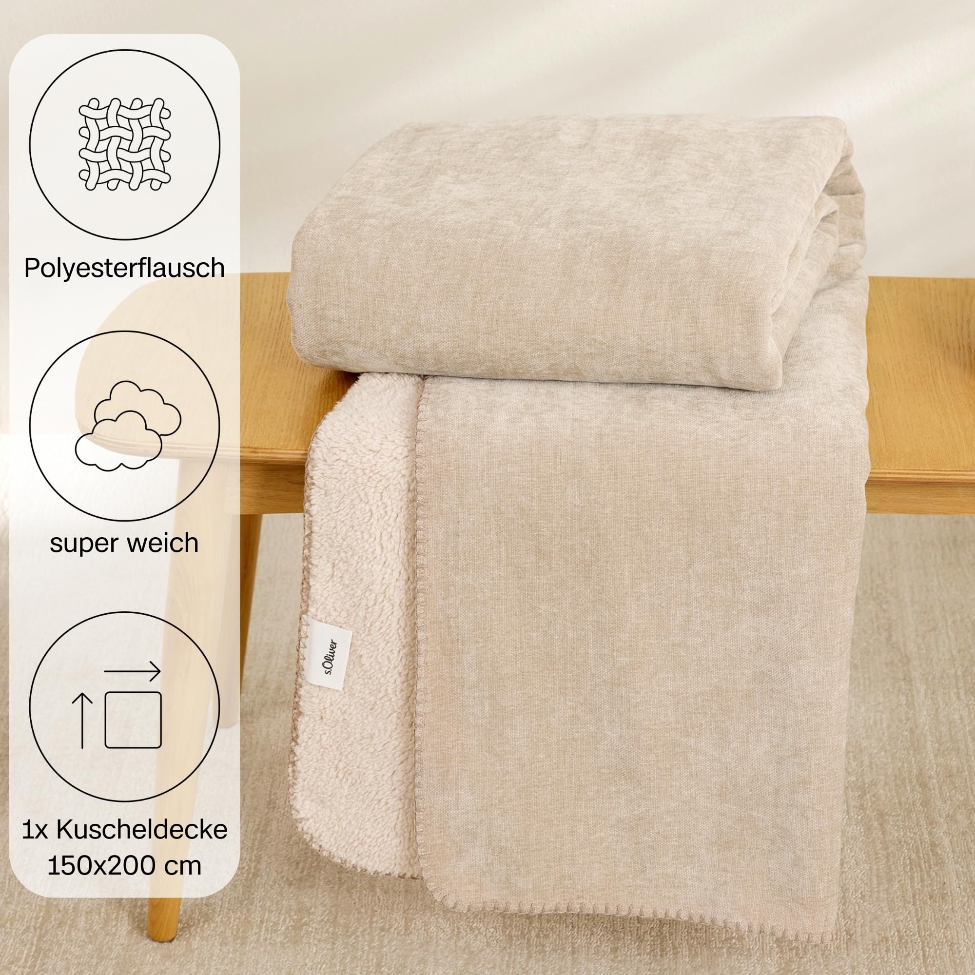 s.Oliver Lounge Decke 150x200 - Polyesterflausch kuschelig, warm & waschbar, Kuscheldecke beige