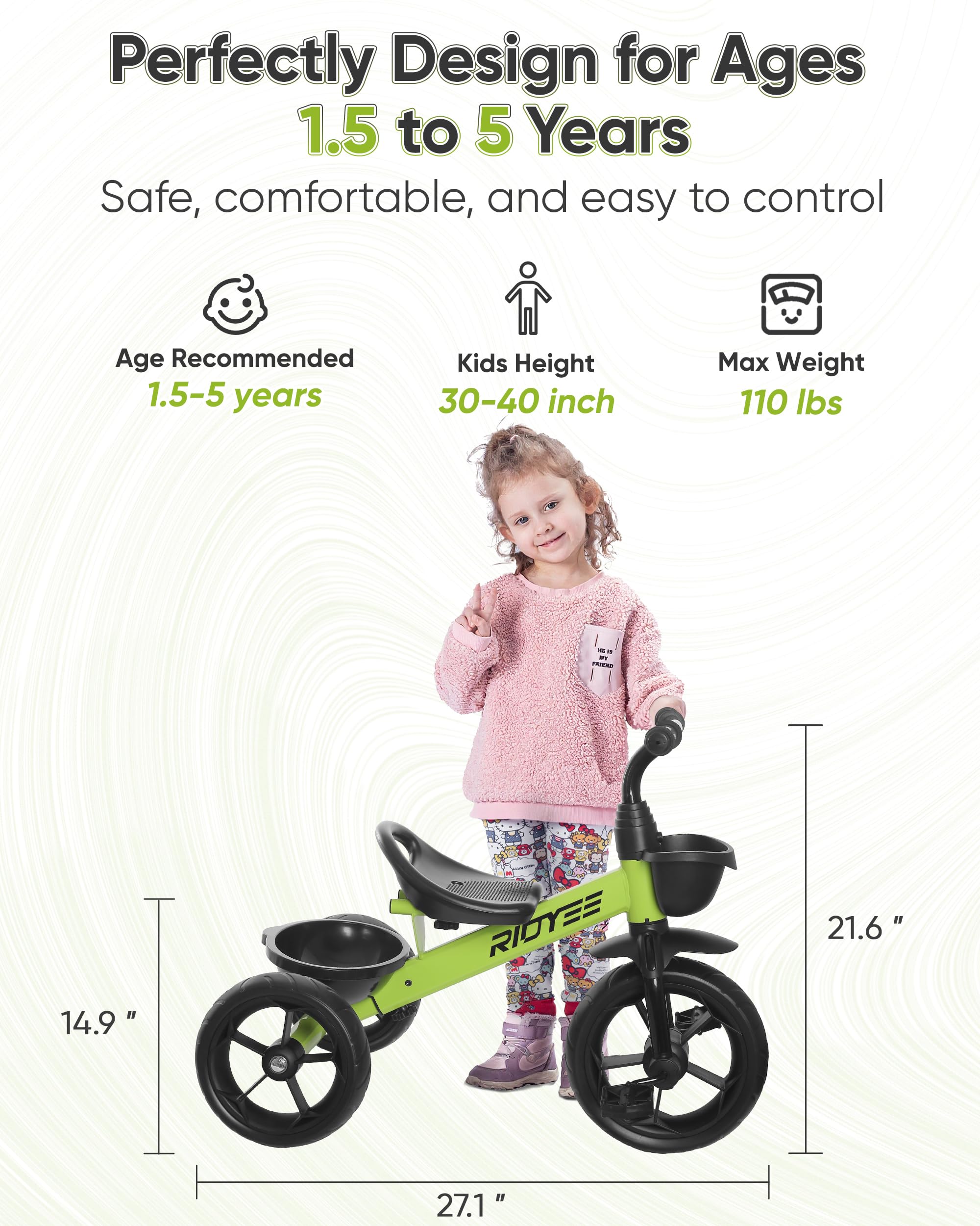 Triciclo para niños de 1.5 a 5 años, triciclo para edades de 2 a 4 años, distancia entre ejes trasera extra ancha para estabilidad, triciclos para niños de 1 a 3 años con cestas de 6