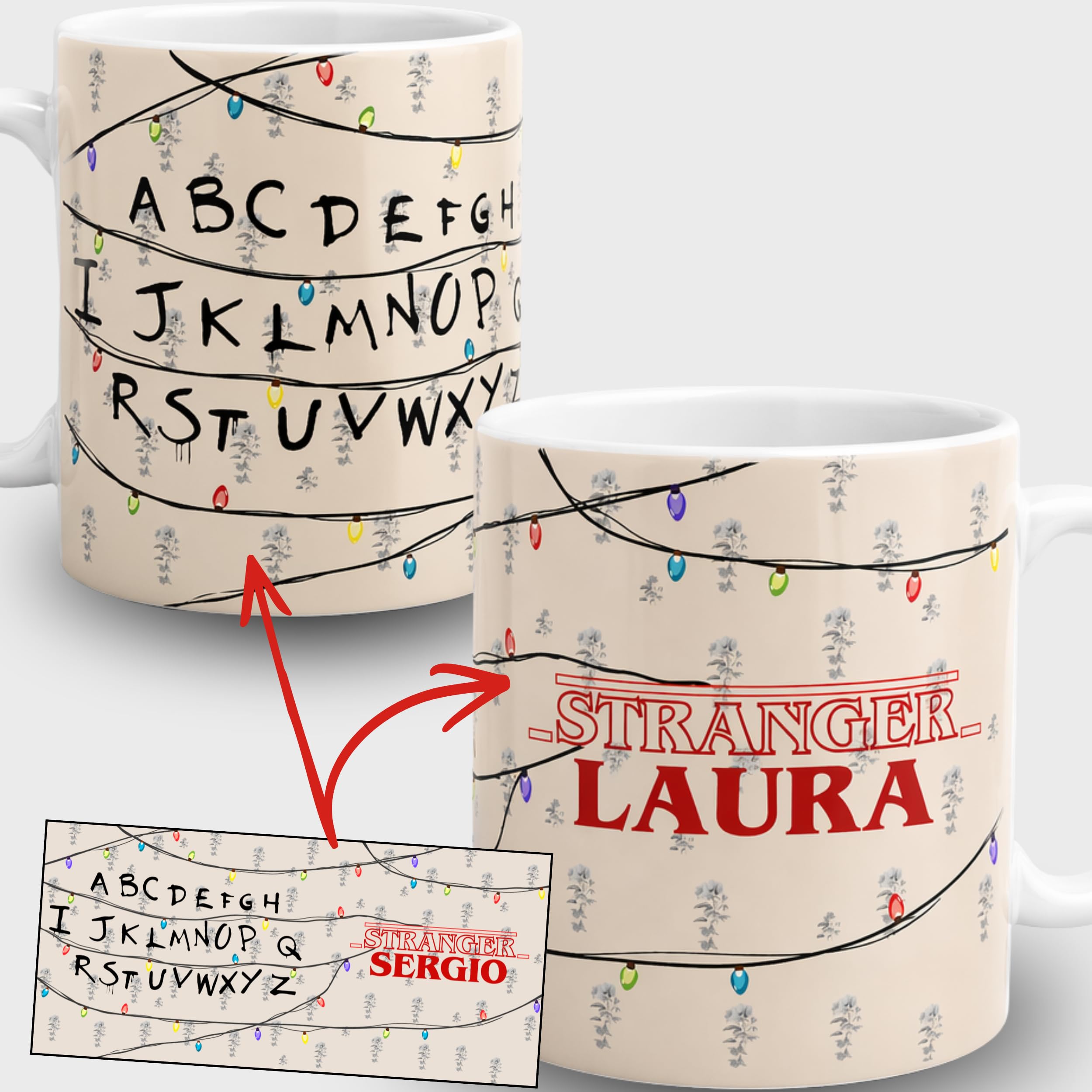 Stranger Mug Personalised with Name – 350 ml AAA+ Quality – 360° Printing on Both Sides – Dishwasher and Microwave Safe – Original Geek Gift – Geek Gifts (Customised Stranger) | Calidad AAA+, Impresión 360° en Ambos Lados, Apta Lavavajillas y Microondas