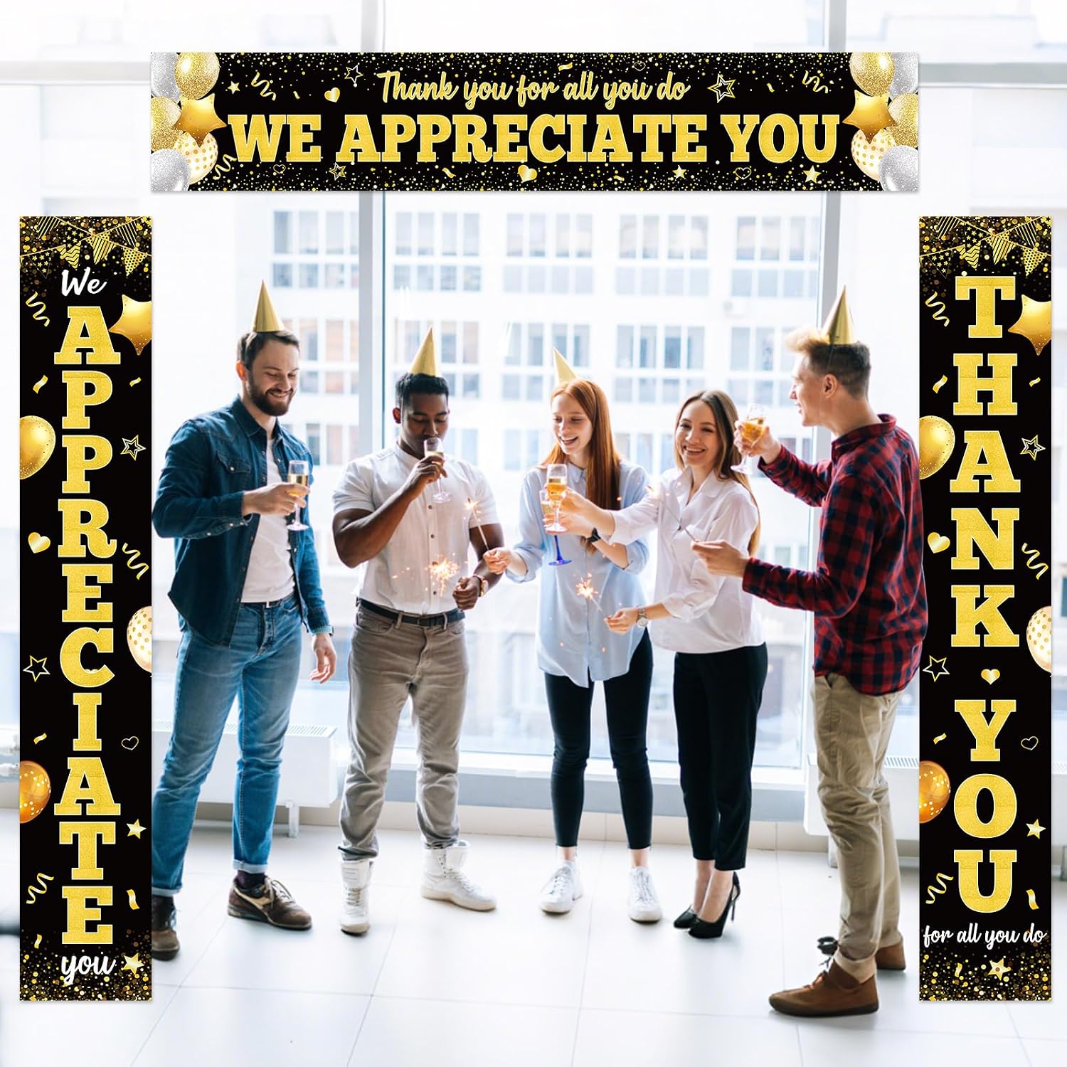 CHUNNIN 3Pcs Black Gold We Appreciate You Porch Sign Banner Thank You Party Decorations for Employee Appreciation Hanging Backdrop Work Anniversary Photo Booth Prop for Party Supplies Staff Teacher image 5