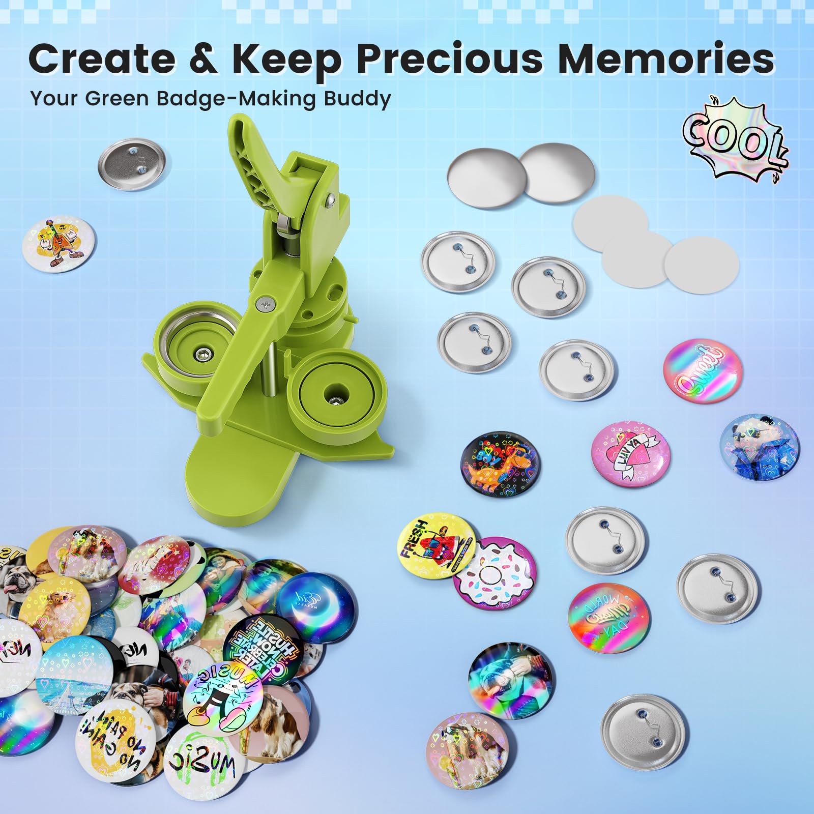Macchina per bottoni KEYSAFER per creare badge 58 mm, set di pressa per bottoni fai da te senza installazione, con 100 parti in metallo per bottoni, lamina arcobaleno e taglierina rotonda per feste e