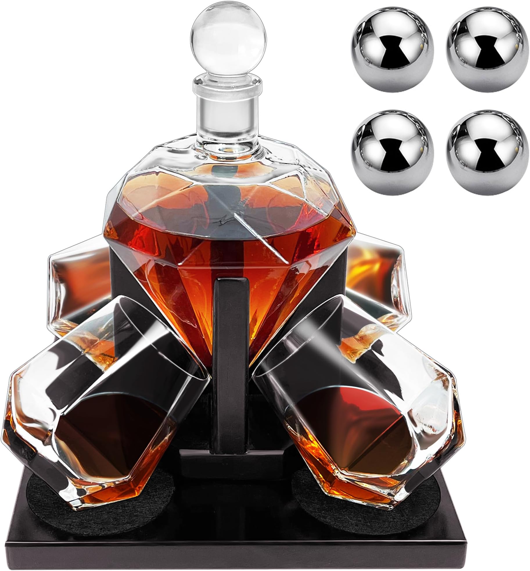 Whiskey Decanter Set Diamond Shape with 4 Glasses 4 Whiskey Stones, Gift for Men, Gift for Whiskey Lovers