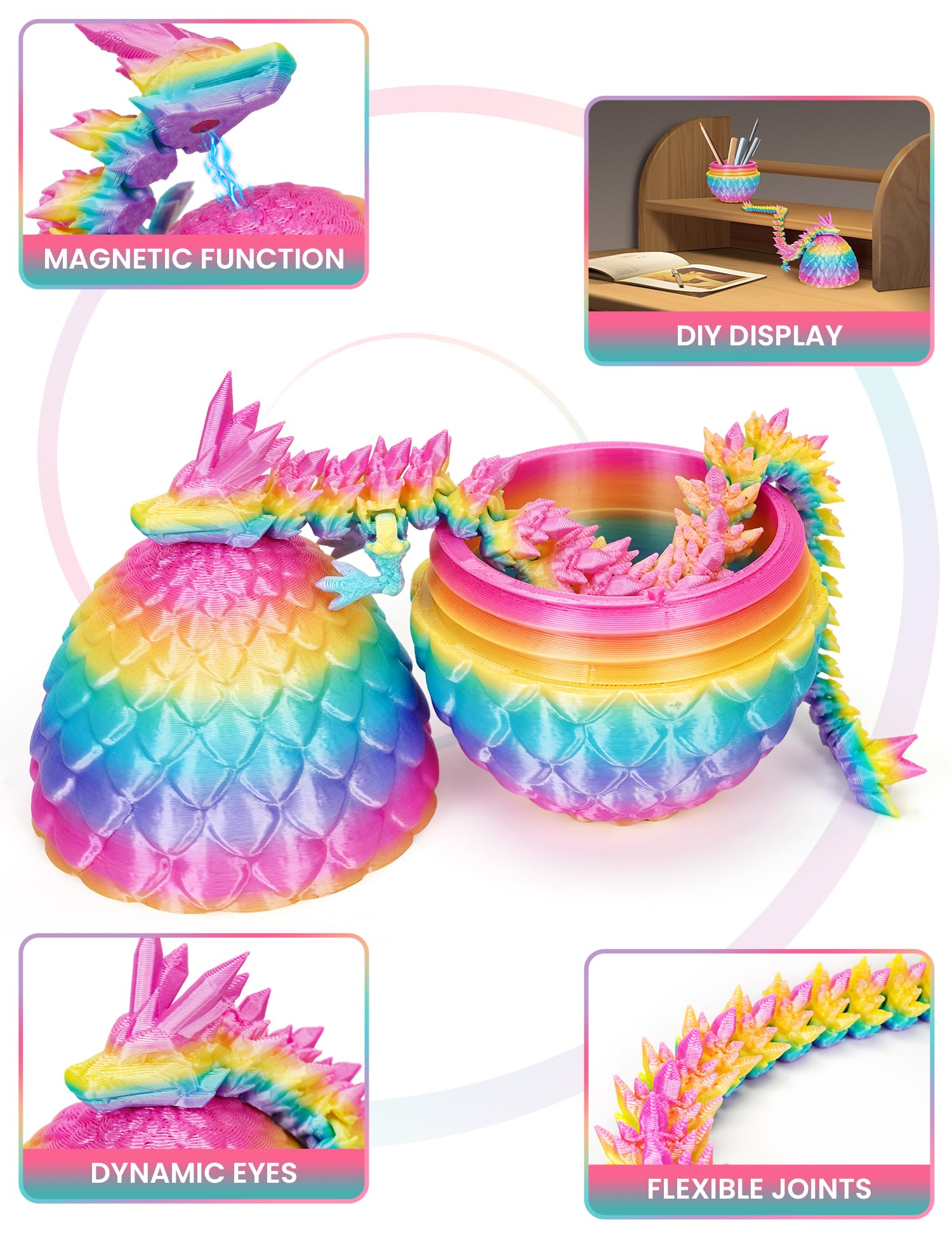 Magnetic Dragon Egg, 3D Printed Fidget Toy for Home Decor Fridge Magnets (Rainbow Colors), 4.72 inches tall - Image 2