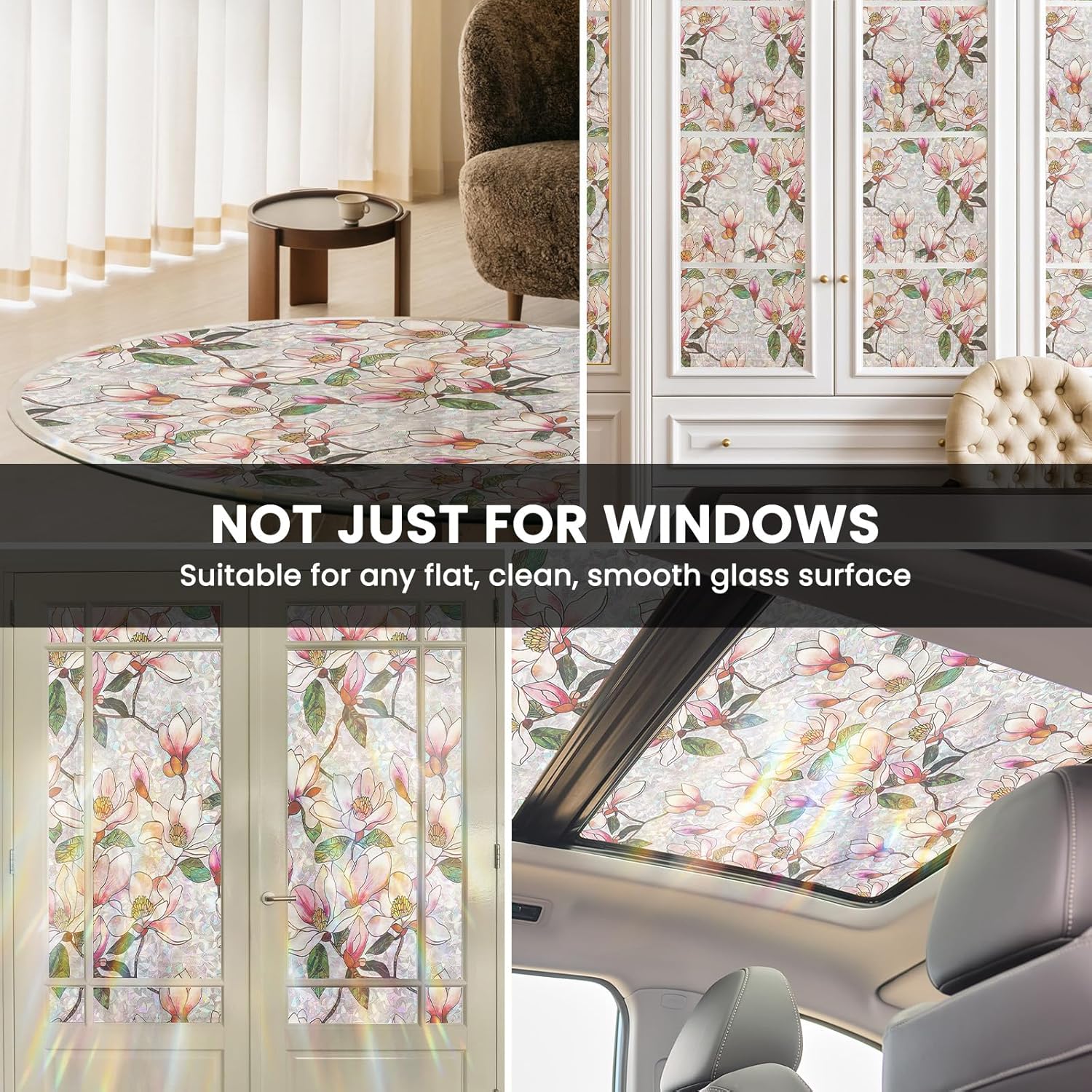 FEOMOS Stained Glass Window Film, Decorative Floral Window Privacy Film with Sun & UV Heat Blocking, Rainbow Window Covering Magnolia Sticker for Home 35.4 x 78.7 Inches