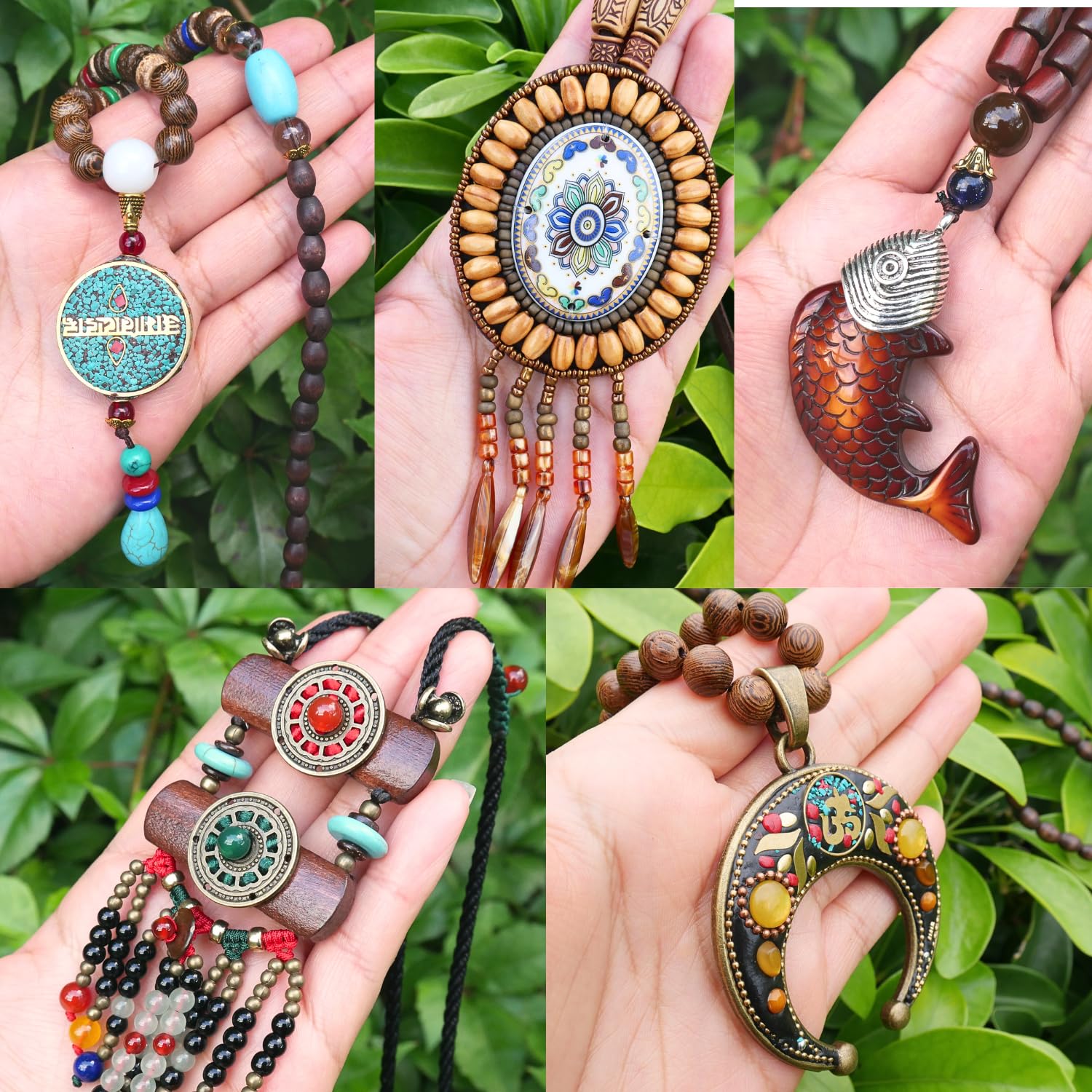 Collar con cuentas bohemias para mujer con colgante largo de madera para mujer, collar de madera de DREMINOVA, Madera, Cuentas,