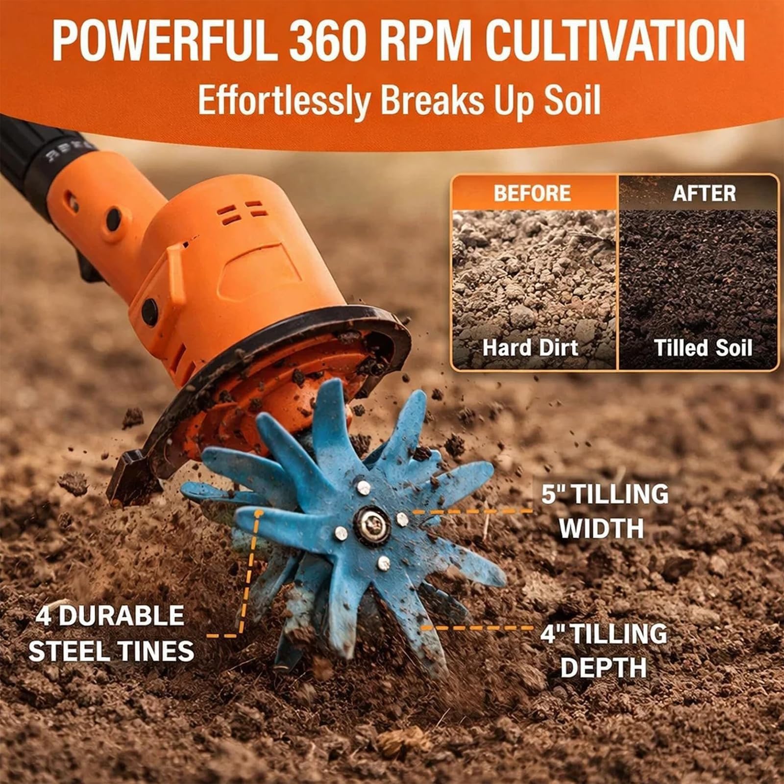 Cultivateur de sol électrique de jardin, motobineuse mini sans fil, 360 tr/min, largeur de labour : 10 cm ; profondeur de labour : 10 cm, double interrupteur de sé Mini tiller + 1 battery + 1 charger
