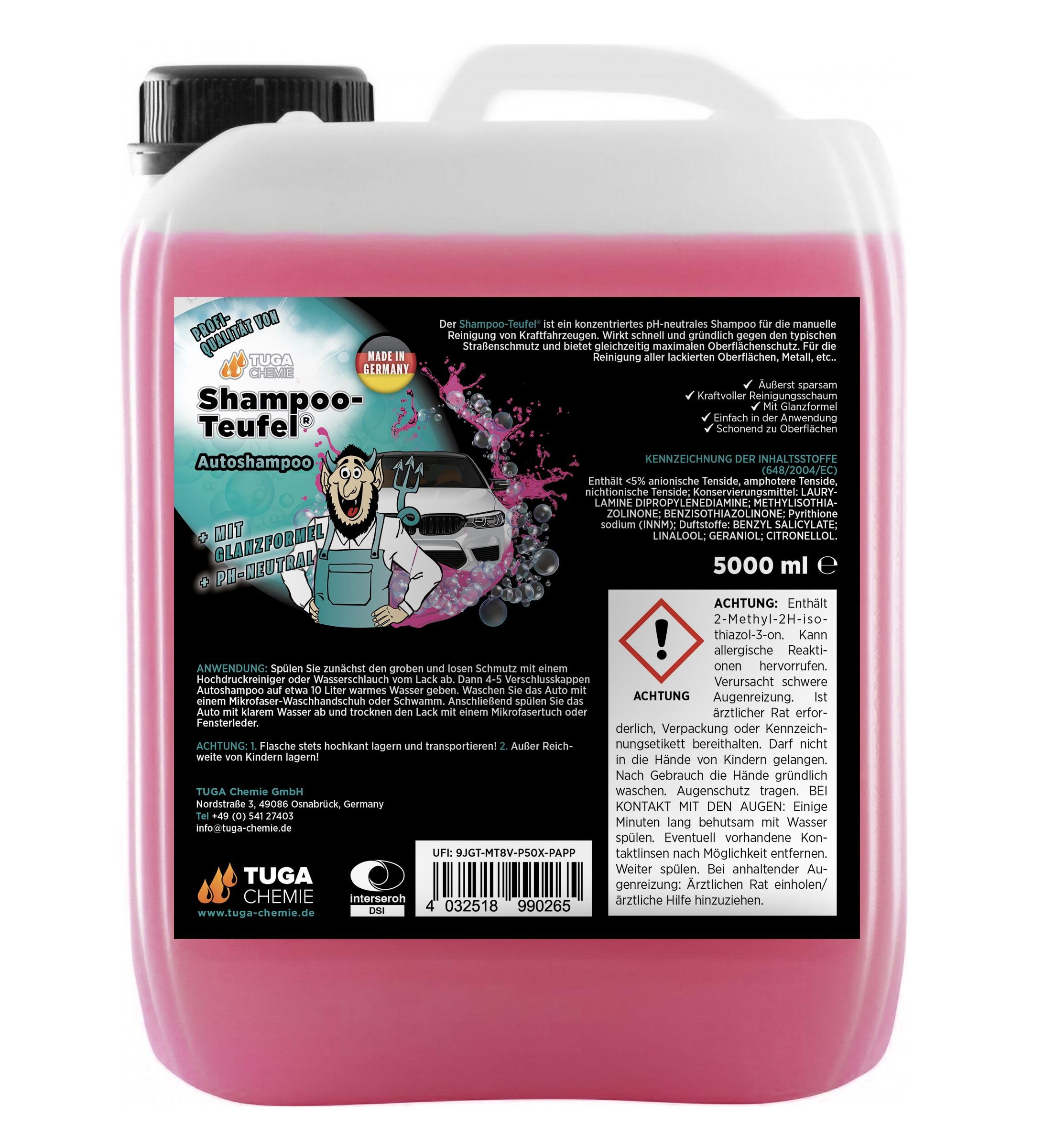 TUGA Chemie Shampoo-Teufel Autoshampoo Konzentrat Lackschonend 5L Kanister | Auto Shampoo für Glanz & Pflege, Für Handwäsche & Schaumlanze, Made in Germany
