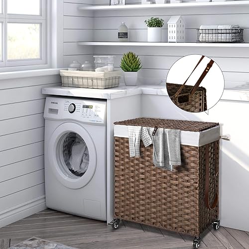Miniatura 2 de GREENSTELL Cesto para ropa sucia con ruedas, no necesita instalación, cestas tejidas a mano divididas de 90 litros y 2 bolsas de forro extraíbles,
