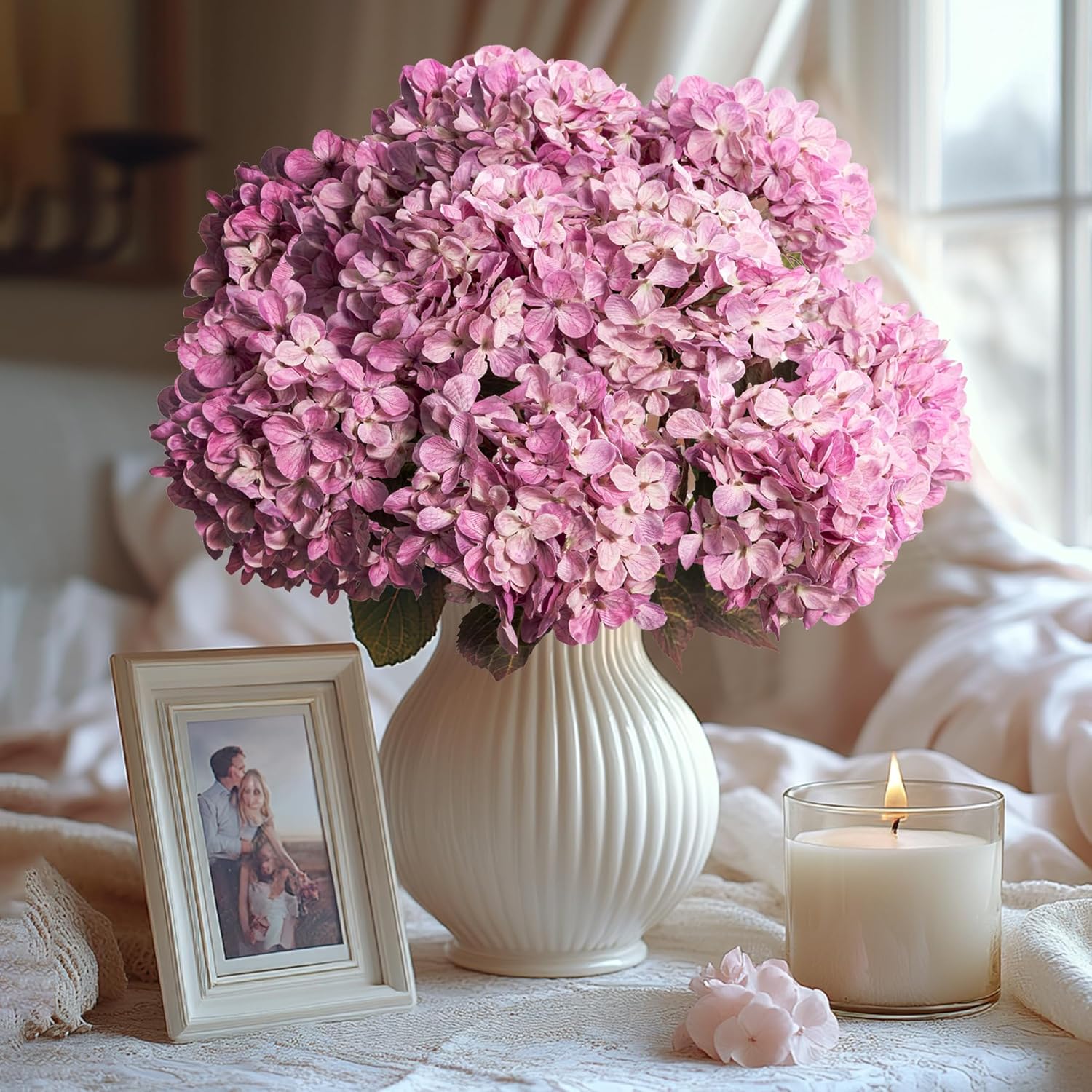 Artificial Flower Fake Silk Hydrangea Heads Bouquet with Stems Bulk for Fall Decoration Table Center Christmas Indoor Outdoor Faux Floral Realistic with Leaves Plants Crafts 8PCS(Pink)