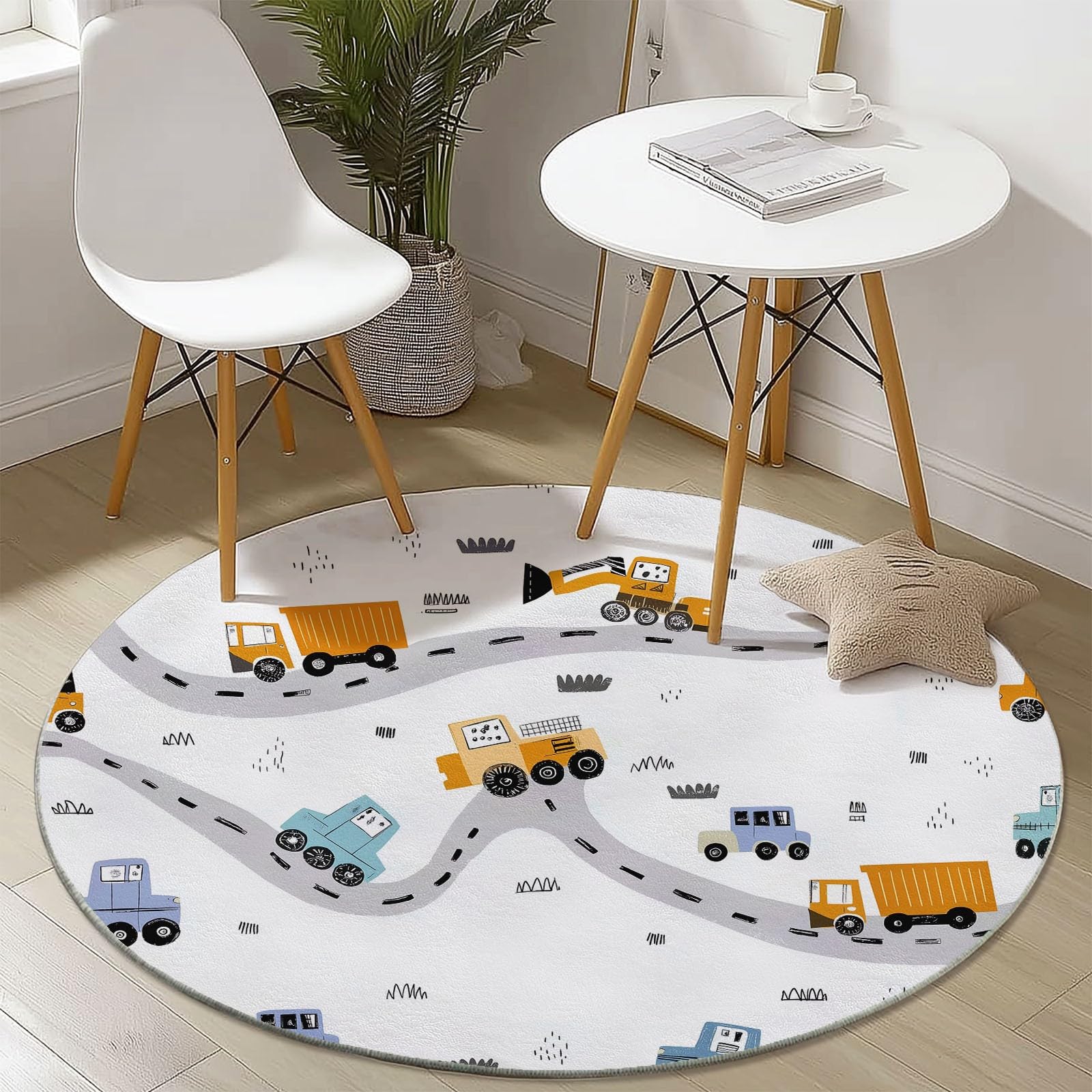 Tappeto Rotondo Salotto, Modello Cartone Animato Camion Da Costruzione Strada Tappetini antiscivolo circolari e morbidi, Tappeto Rotondo per Cameretta Cucina Casa Zona Balcone Tavolino (Bianco, 120cm)