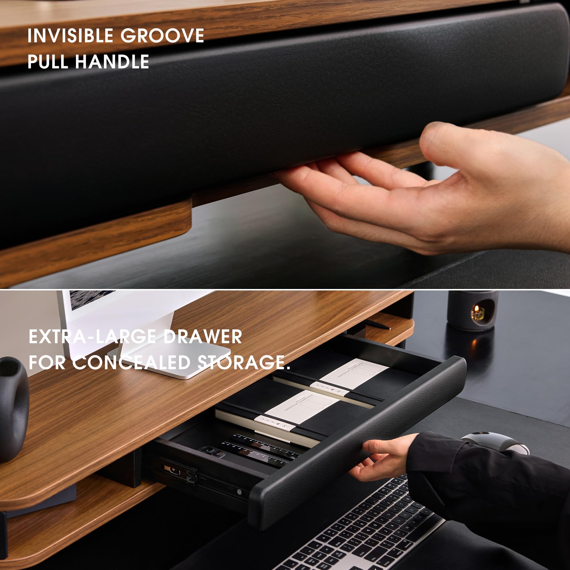 Fenge Réhausseur d'Écran avec Grand Tiroir, 108cm Support de Dual Moniteurs avec Poignée en Cuir, Ergonomique Support Ecran Bureau Pour Chambre/Bureau/Salon, 108x25x15,7cm, Charge de 35kg, (Marron)