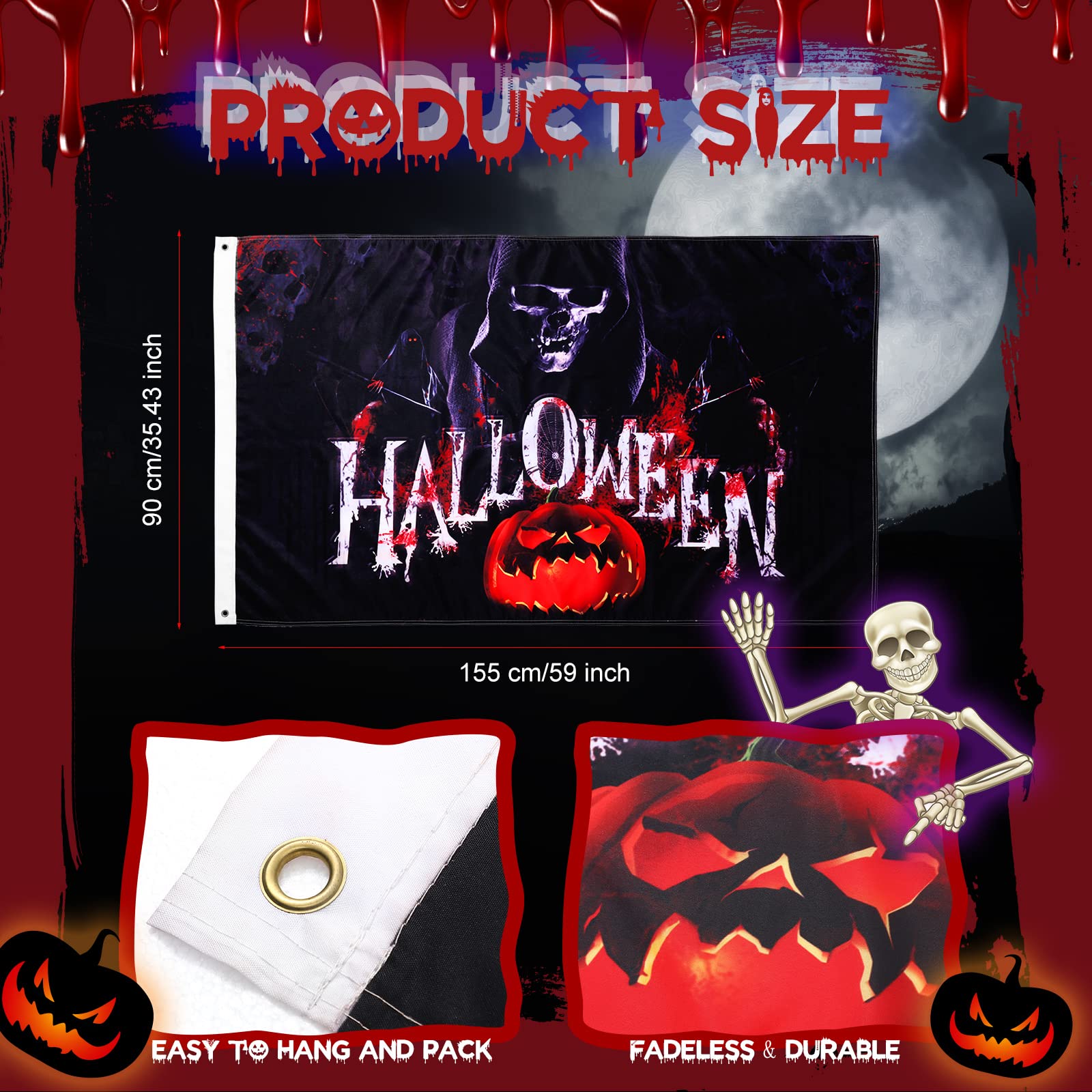 Drapeau D'Halloween - 0,9 X 1,5 M - Double Face En Polyester - Pour Maison, Jardin, Intérieur Et Extérieur - Grand Drapeau De Vacances Pour Tours Ou