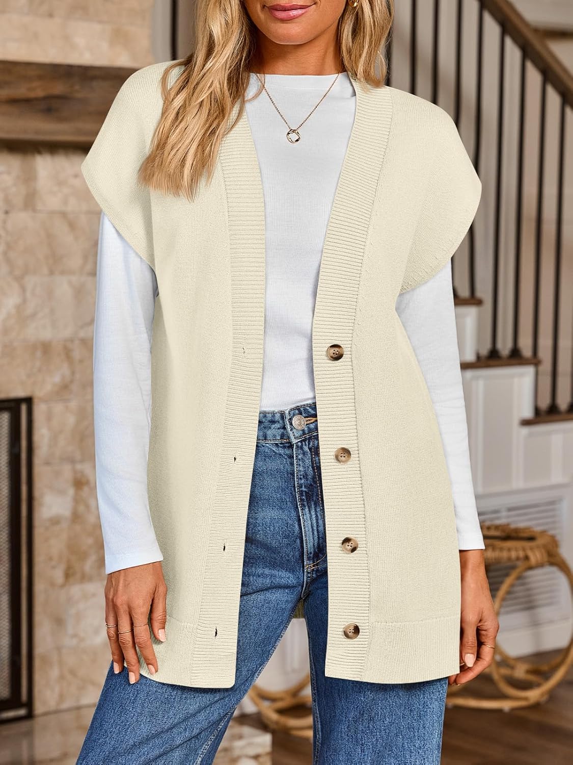 LILLUSORY Women V Neck Sweater Vest Oversized Long Cardigan Casual Vest Tops 2025 Trendy - Image 2