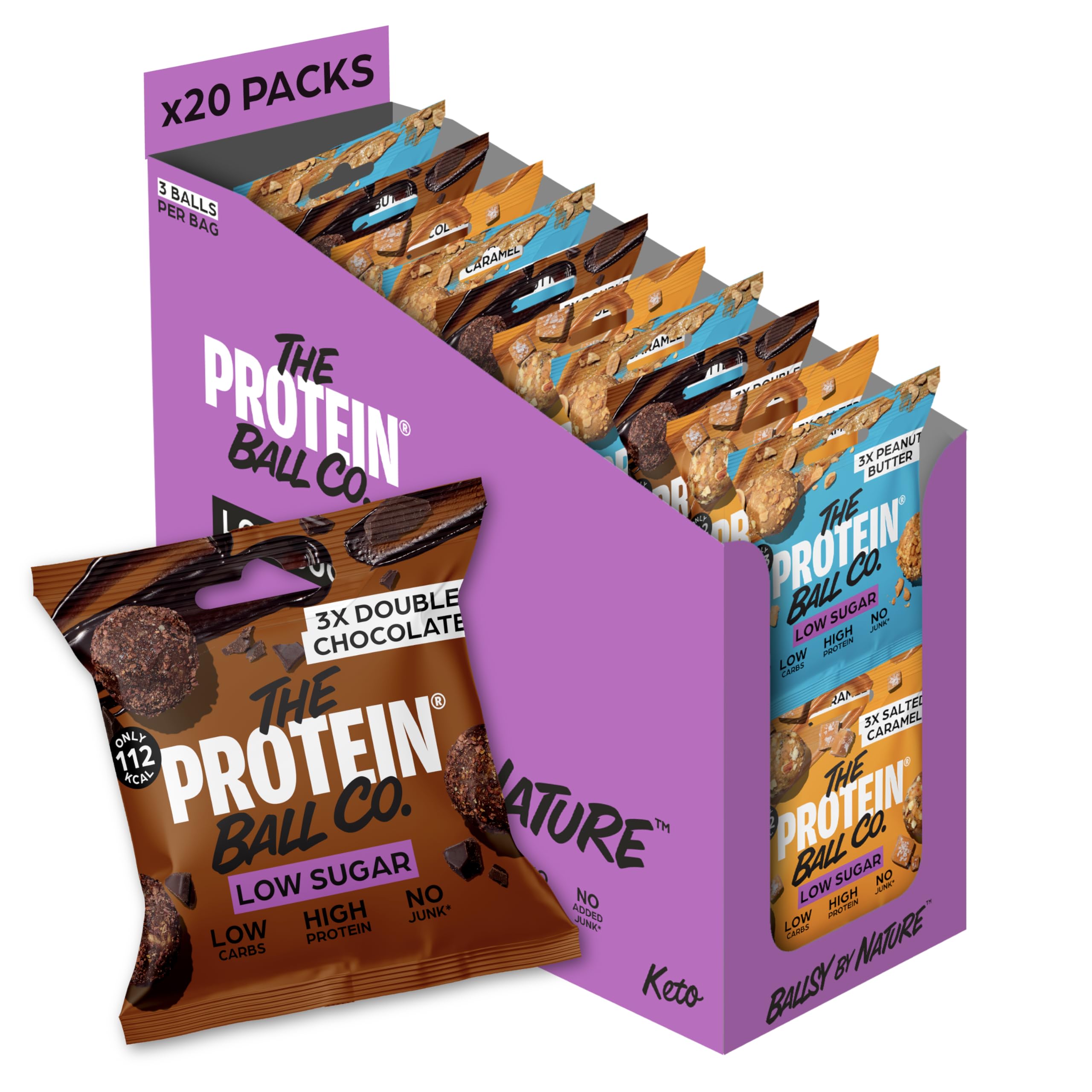 The Protein Ball Co Low Sugar Bundle Protein Balls - Healthy Snacks Variety Box, Gluten-Free - No Added Sugar, Box of 20 Bags