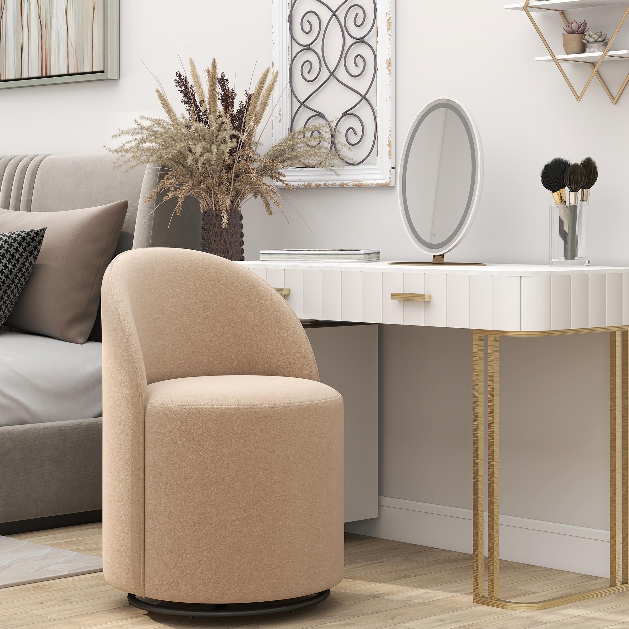 HNY Upholstered Kitchen & Dining Room Barrel Chair, Mid Century Modern Round Velvet Dining Chair, 360 Degree Swivel Comfy Armless Accent Makeup Vanity