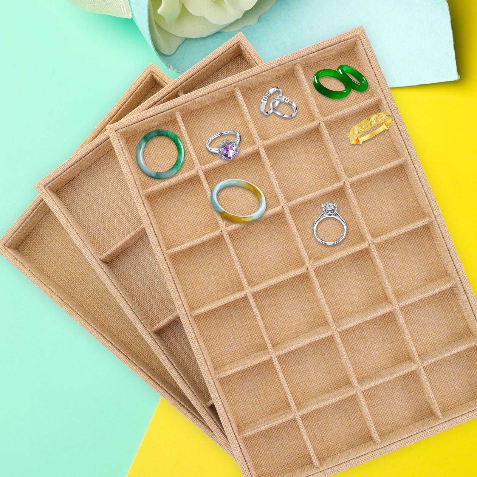 Bandejas Apilables para Joyas 3 Piezas de Lino Organizador de Joyería para Collares y Pulseras Caja de Exhibición Compartimentos para Pendientes y Accesorios Adecuado para