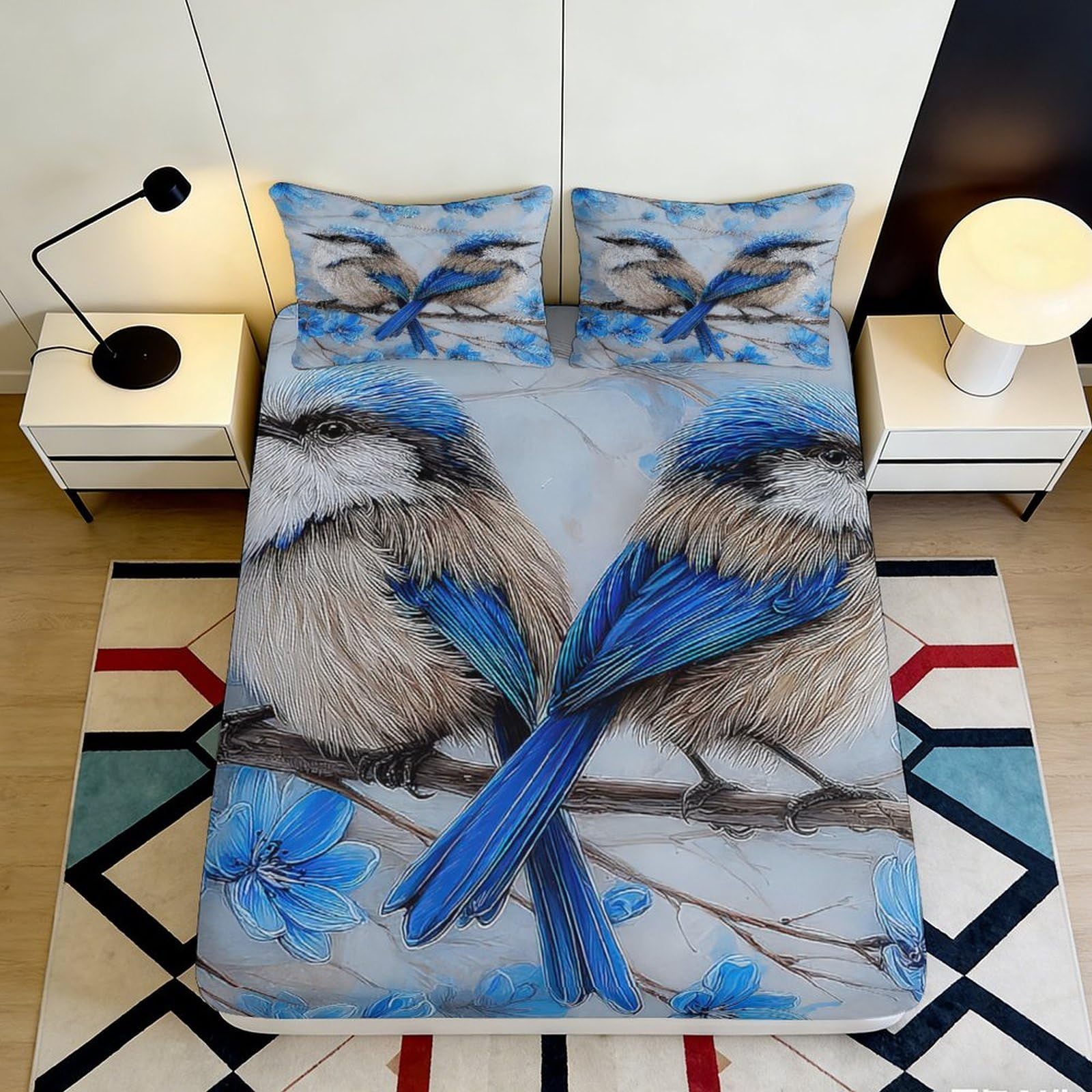 3D Printed Blue Bird Fitted Sheet Microfiber Soft Anti-Slip Floral Branch Bed Cover for Bedroom Guestroom Decor 90x200x25cm