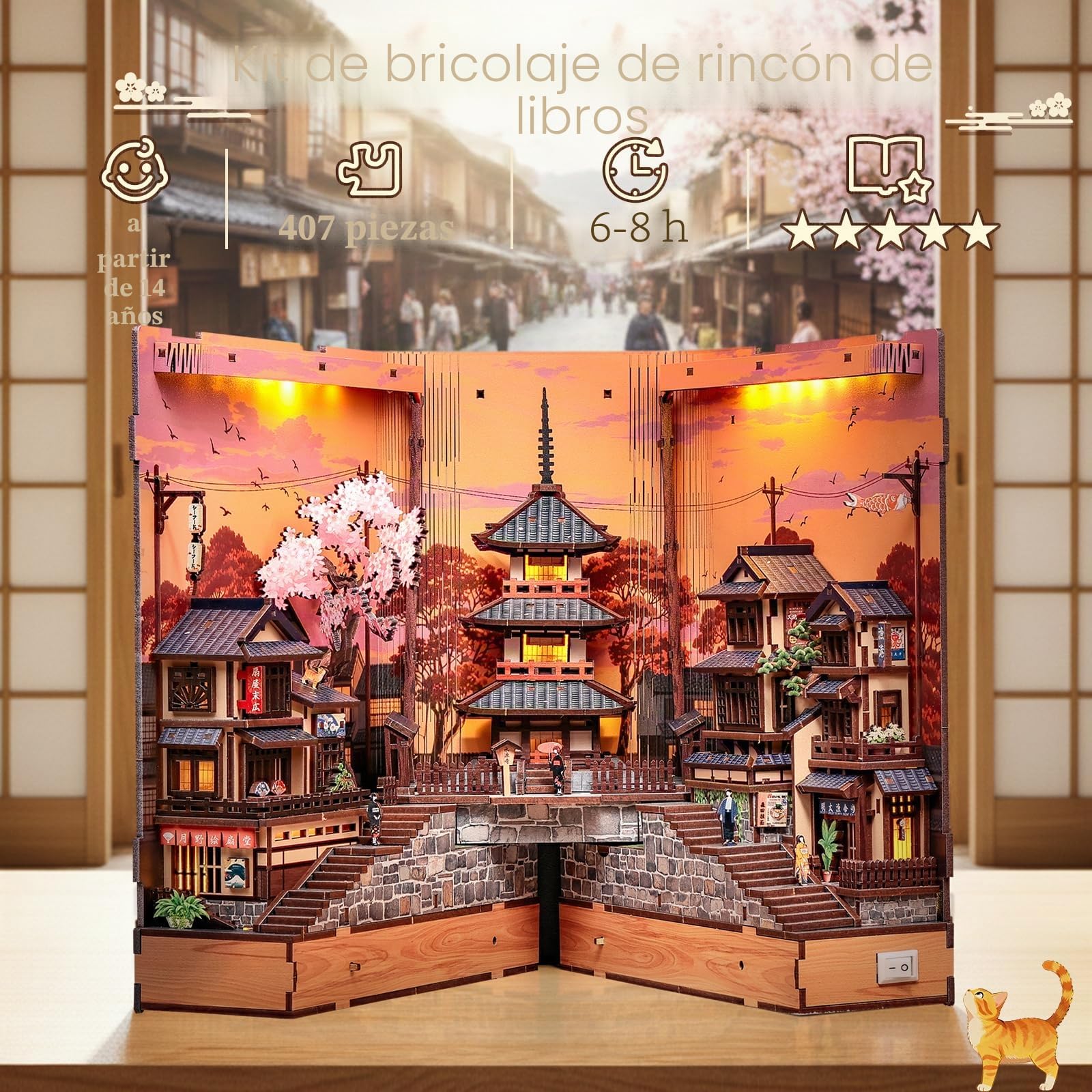CUTE BEE Book Nook Kit, Maquetas para Construir Adultos, Puzzle 3D Livraria y Casa de Muñecas (Twilight Sakura Path), DIY Miniature House con LED y Vitrina Antipolvo