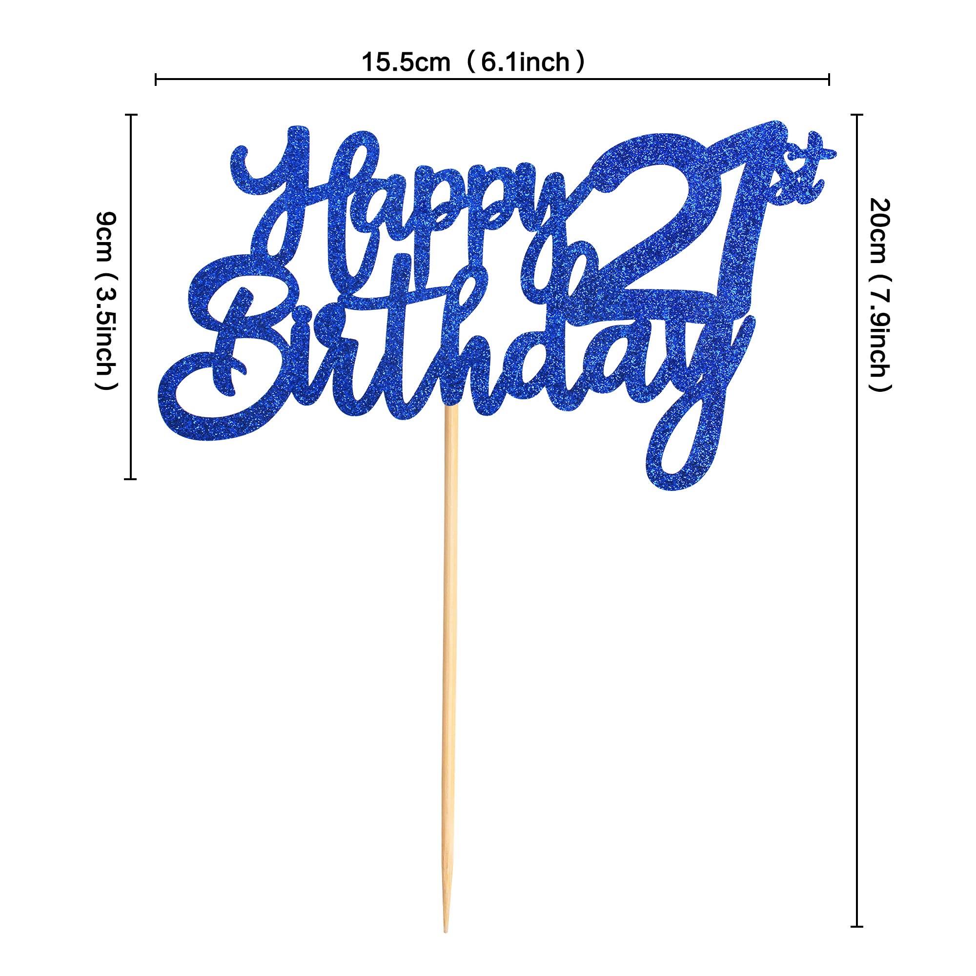 UNIMALL Bule Glitter 21st Happy Birthday Cake Topper Adult Food Picks for Celebrating Twenty-one Years Old Birthday Anniversary Party Decorations Supply,Medium