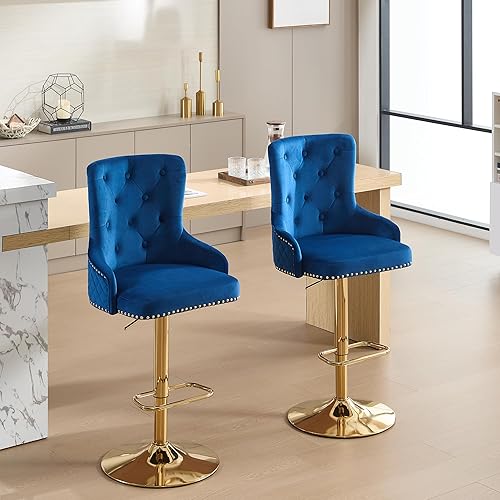 Miniatura 55 de Juego de 2 taburetes de bar giratorios ajustables de terciopelo con respaldo alto copetudo, modernos taburetes de altura de mostrador con base