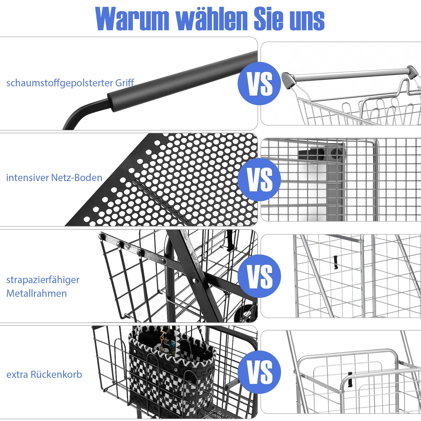 COSTWAY Einkaufstrolley Klappbar, Einkaufswagen auf Rollen mit Abnehmbarer Oxford-Tasche & 2 Körben, Handwagen 150kg belastbar, Rollwagen Allzweckwagen für Wäsche Einkaufen Gepäck(Schwarz)