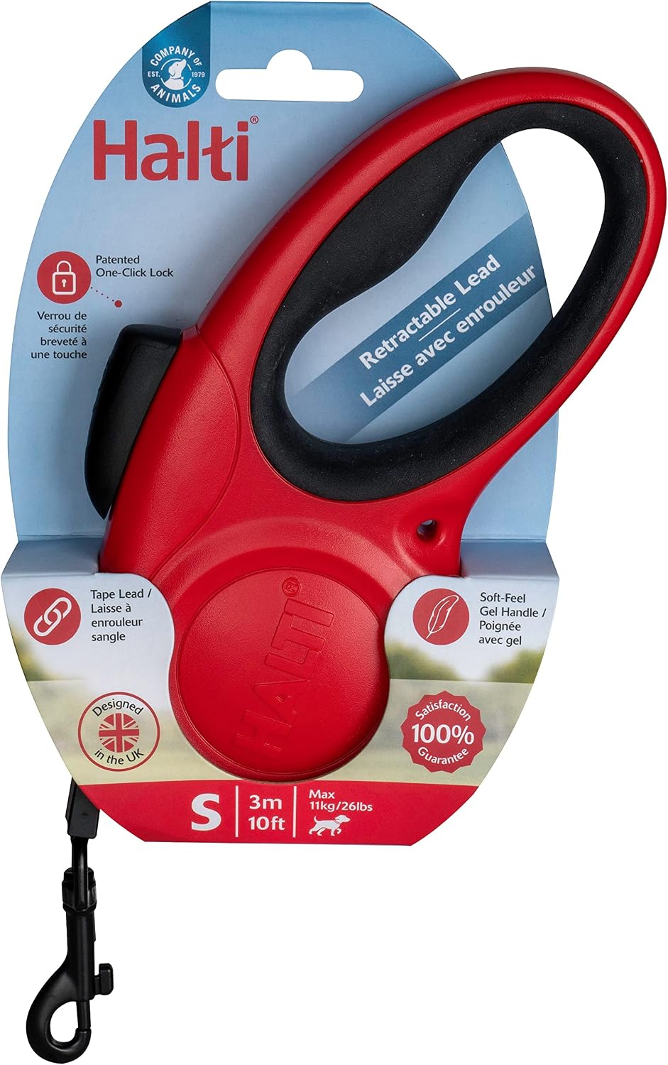 Halti Retractable Dog Leash | Size Small, Red, 3m | Strong & Reflective Extendable Leash | Gel Grip Handle | Easy to Use Brake & Lock | Suitable for Small, Medium & Large Dogs