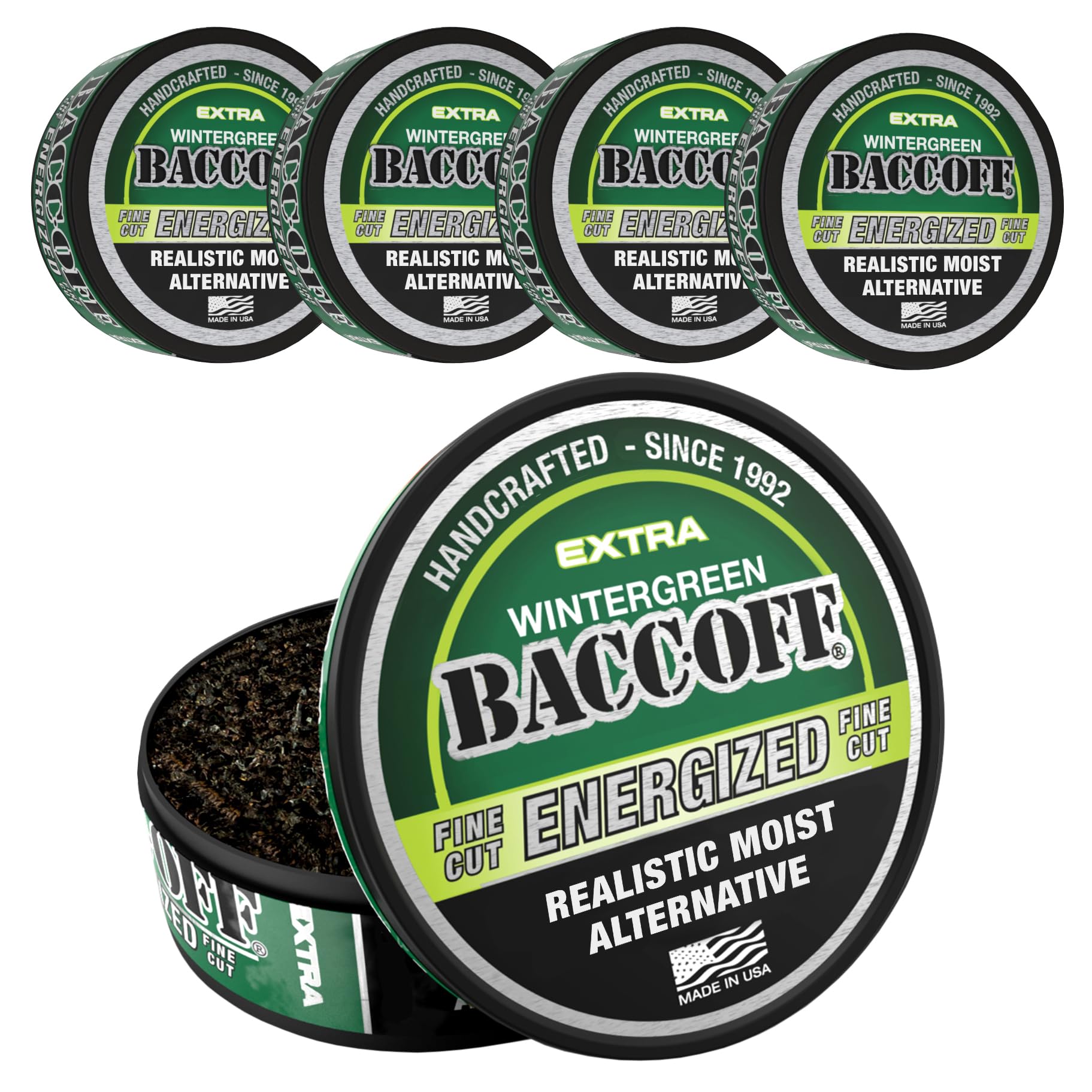 5 Cans, BaccOff Extra Wintergreen Energized Fine Cut, Strong Wintergreen Flavor with Caffeine and B Vitamins