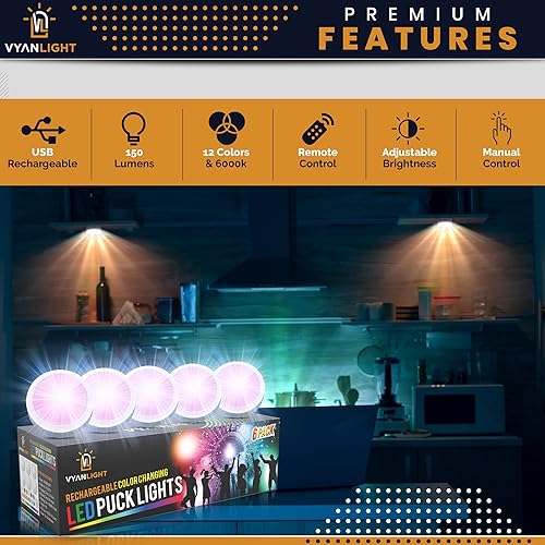 Miniatura 2 de VYANLIGHT Luces de disco recargables con 2 controles remotos, iluminación LED de disco de 16 colores intercambiables, funciona con pilas, regulables