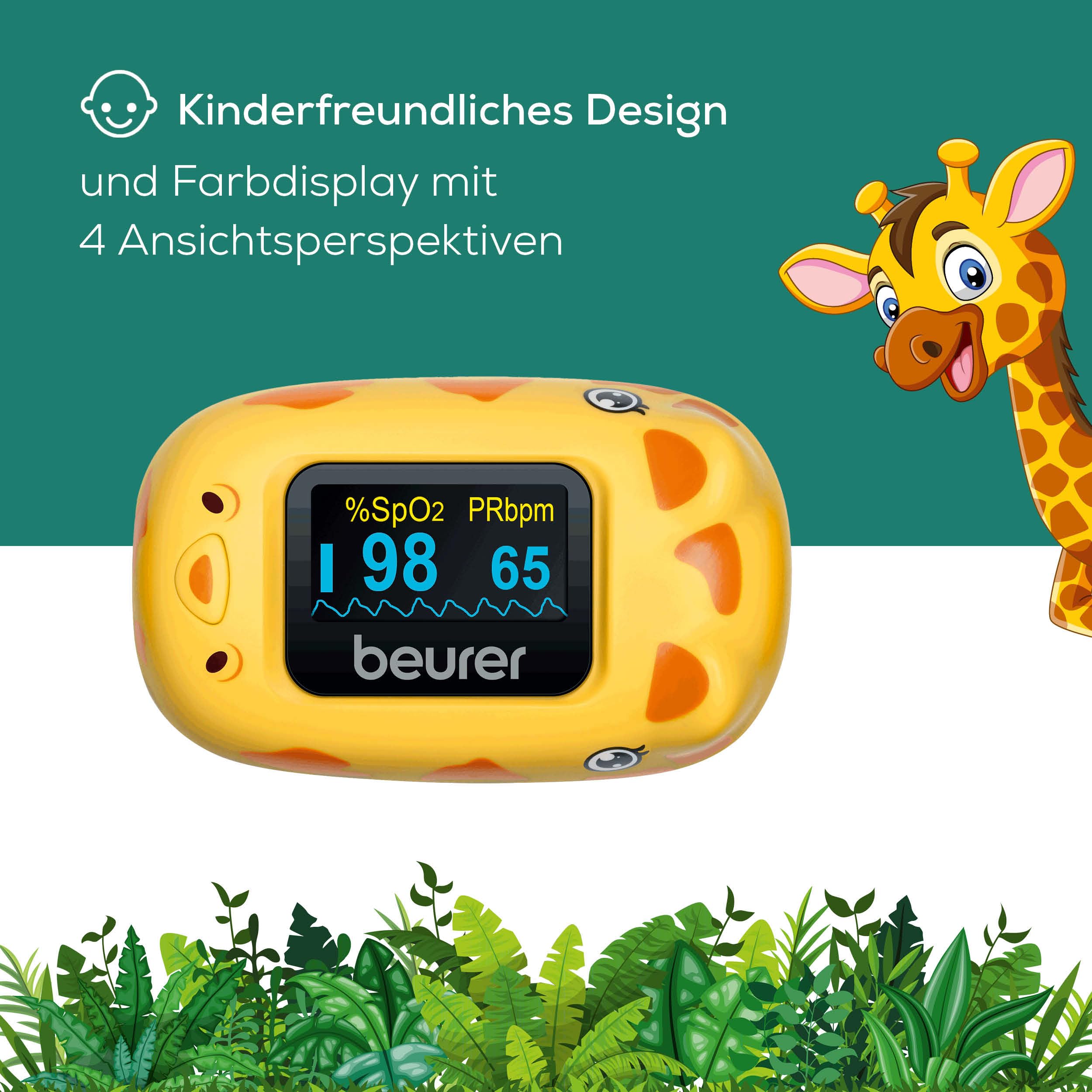 Beurer PO 13 Kids, Finger-Pulsoximeter für Kinder, sekundenschnelle Messung des Pulses und der Sauerstoffsättigung, kleines Format, automatische Display-Ausrichtung, mit Gürteltasche