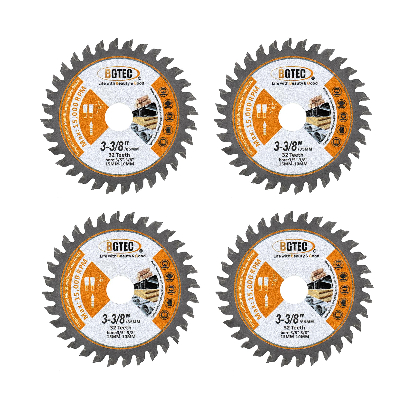 TCT Circular Saw Blade - Carbide Tipped Teeth General Purpose 85MM 32T Cutting Dics with 15MM Arbor for Wood Aluminium Plastic Copper BGTEC, 4 Pack