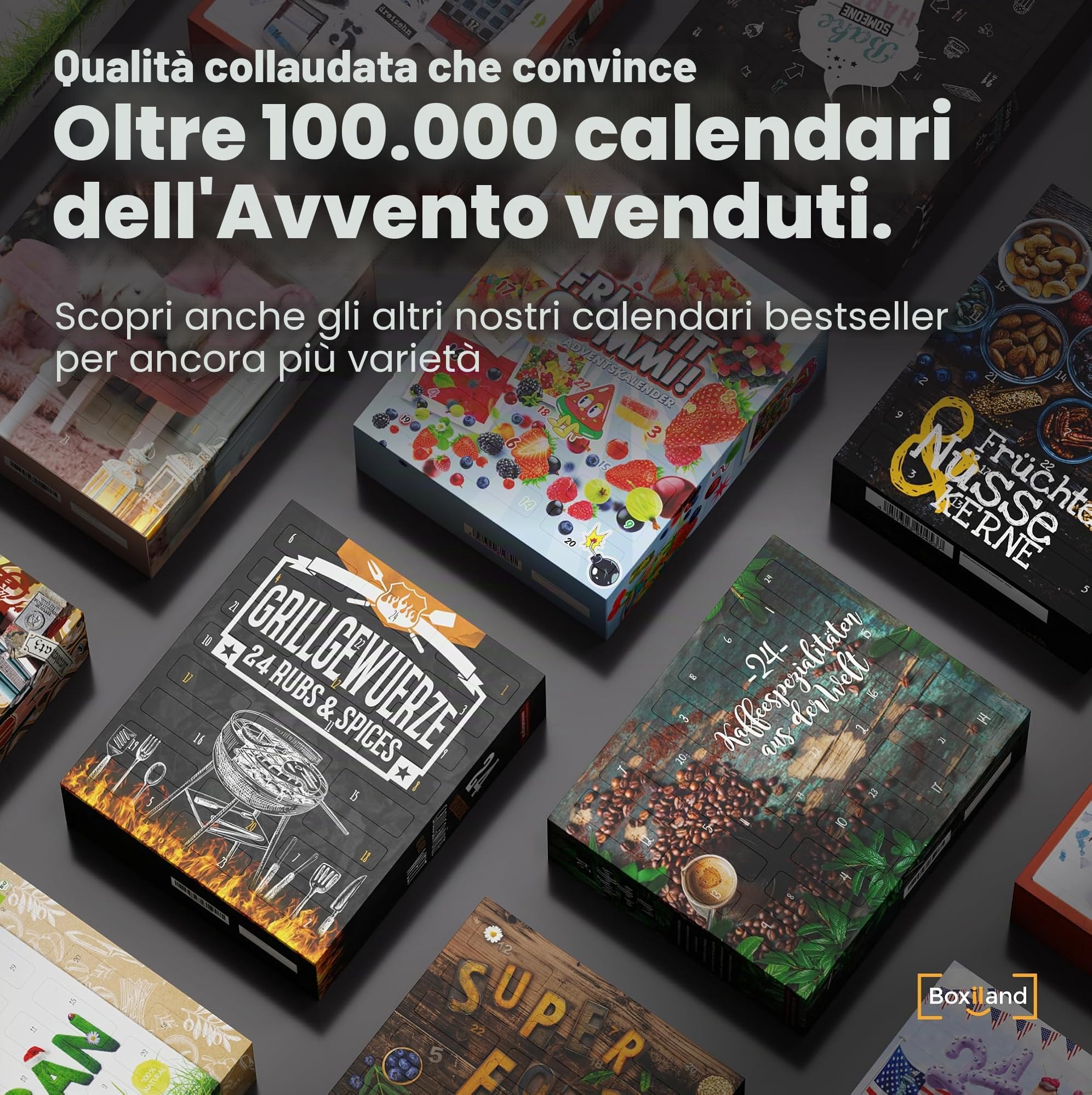 BOXILAND® Calendario dell’Avvento BIO BBQ 2025 – 24 spezie e miscele premium per appassionati di grigliate, barbecue e buongustai – Con aroma fresco, senza additivi, confezionato a mano in Germania