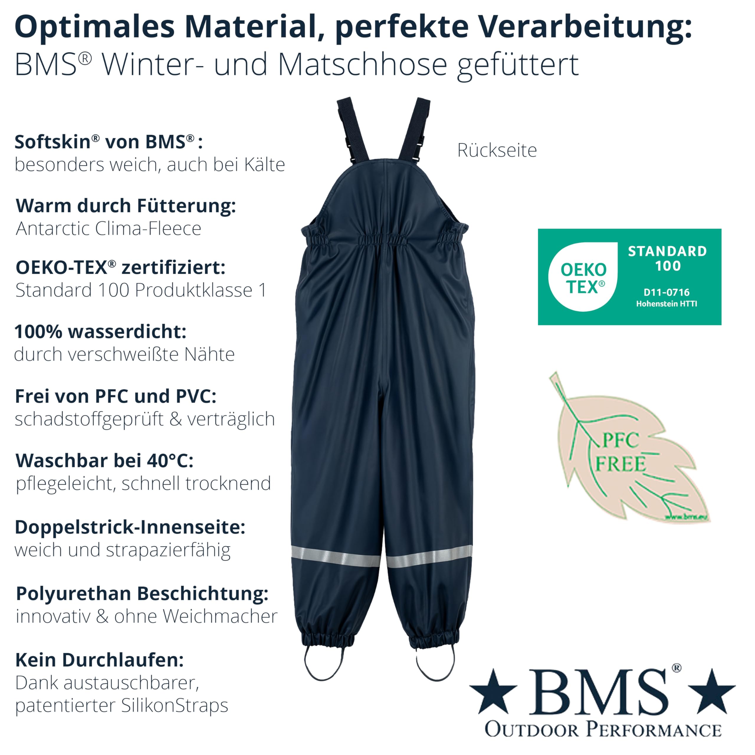 BMS® Schneehose gefüttert für Kinder, ideale Winter-Matschhose und Buddelhose mit kuscheligem Fleece, 100% wasserdicht, besonders hautfreundlich und weich Softskin, Oeko-Tex, Mädchen, Jungen