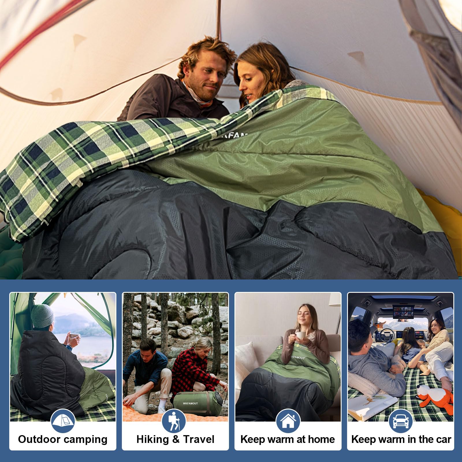 Saco de Dormir Doble de Franela de algodón 220 x 150 cm para Adultos 3-4 Estaciones Saco de Dormir Doble para Exteriores Mantente Caliente Impermeable para Camping Senderismo o Senderismo