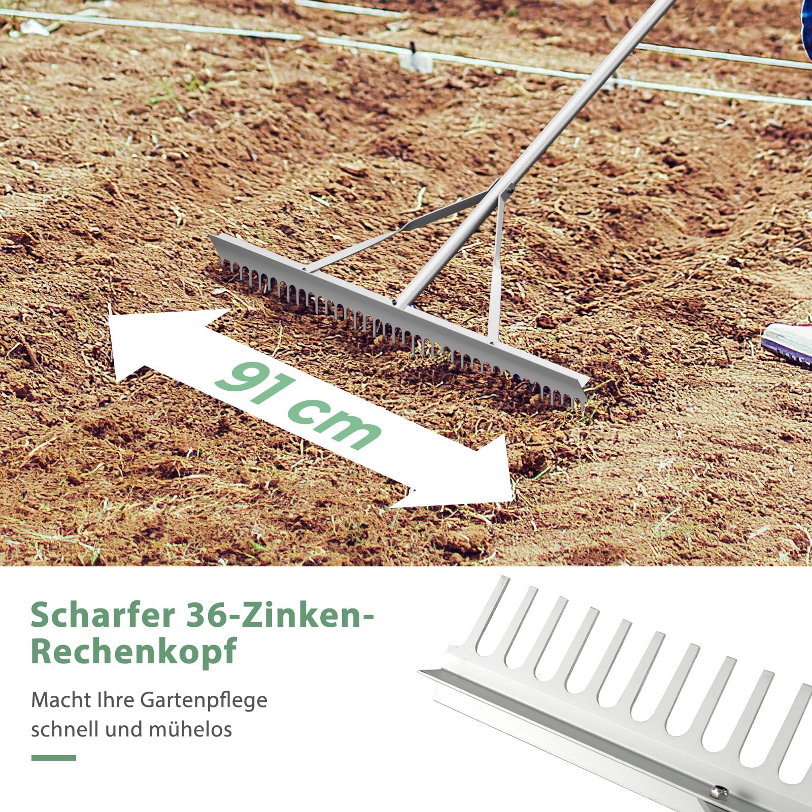 SOARS Rechen Aluminium, Gartenrechen mit 36 Zinken, 91 cm Breite & 174 cm Stiel, Gartenharke Laubrechen Rasenrechen Gartenwerkzeug für Rasenpflege, Landschaftspflege
