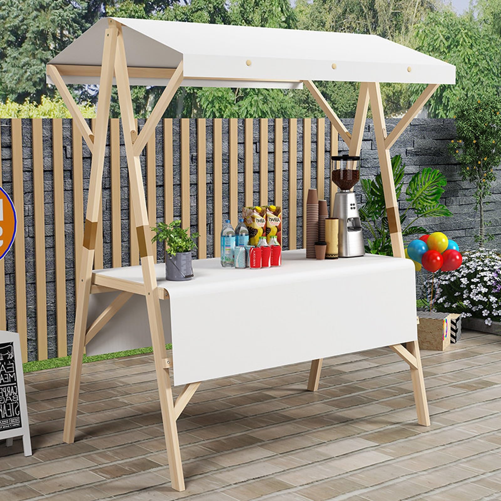 HARELA Marktstand Imbisswagen Marktstand-Display Aus Holz, Tragbarer Lebensmittelwagen für Straße/Bauern Markt, Multifunktionale Außenkonzessionsstand für Handwerksshows(White,150cm/59in)