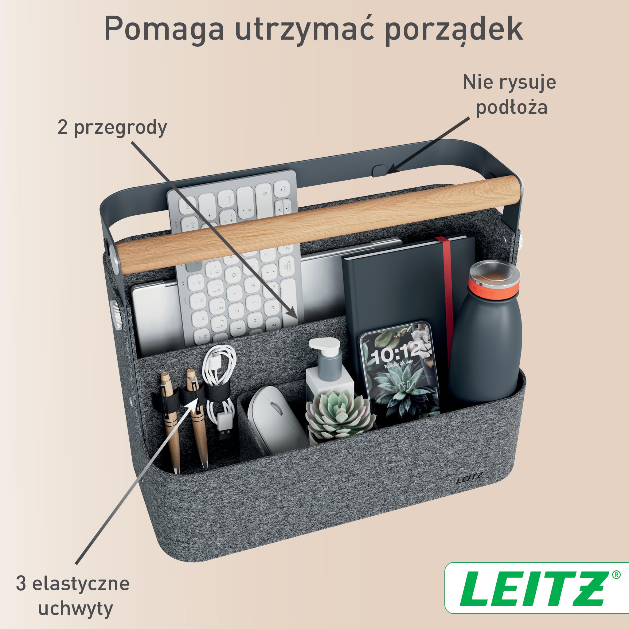 Przenośny Organizer Leitz z Uchwytem - Mobilny Organizer na Biurko z Drewnianym Uchwytem, Idealny do Coworkingu i Hot Deskingu - 38 x 19 x 25,5 cm