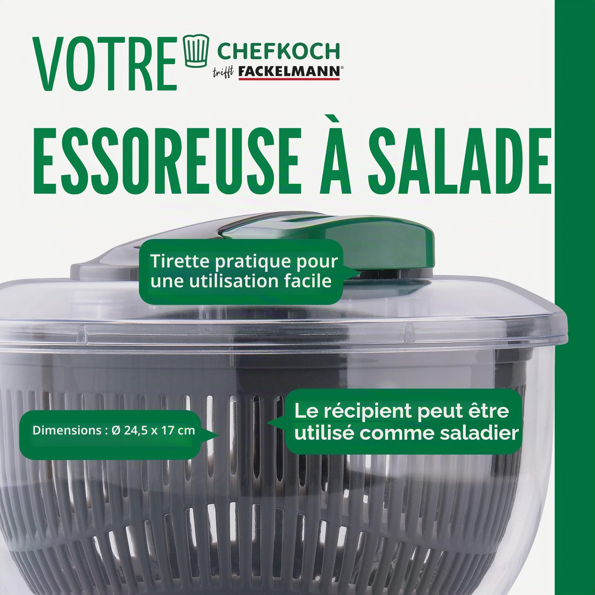FACKELMANN Chefkoch Salad Spinner avec cordon et bouton d’arrêt – Essoreuse à salade pour laver, sécher et servir la salade sans effort – Cordon pratique inclus et tamis amovible