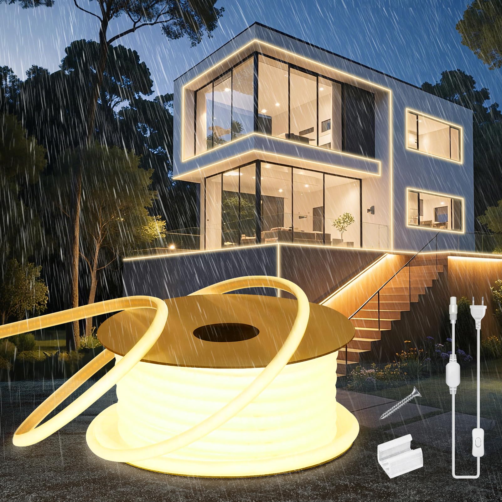 Neon Tira LED 15 metros, Silicona 220V COB Luces LED Habitacion Exterior Impermeable Incombustible IP65 Blanco Cálido 3000K Redondo Leds Strip Neón Flexible 15m 120 LED/m con Enchufe