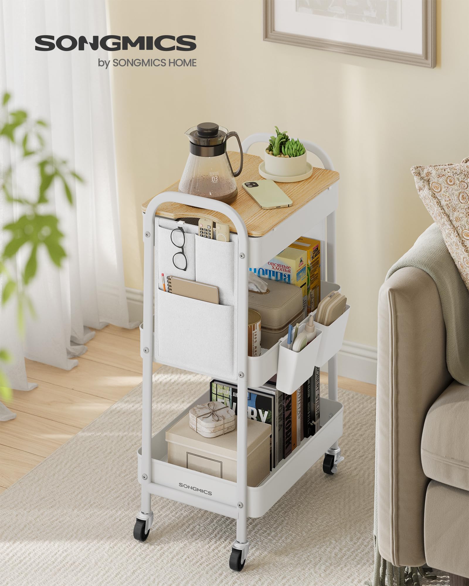 SONGMICS Carro de 3 Niveles, Carro con Estante, 2 Contenedores Colgantes Extraíbles, 6 Bolsillos Laterales, para Sala de Estar, Estudio, Cocina, Baño, Blanco Nube LRC036W01