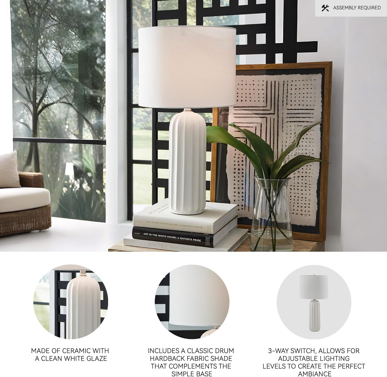 Signature Design by Ashley Clarkland Contemporary 24 Inch Ceramic Table Lamp, Set of 2, White