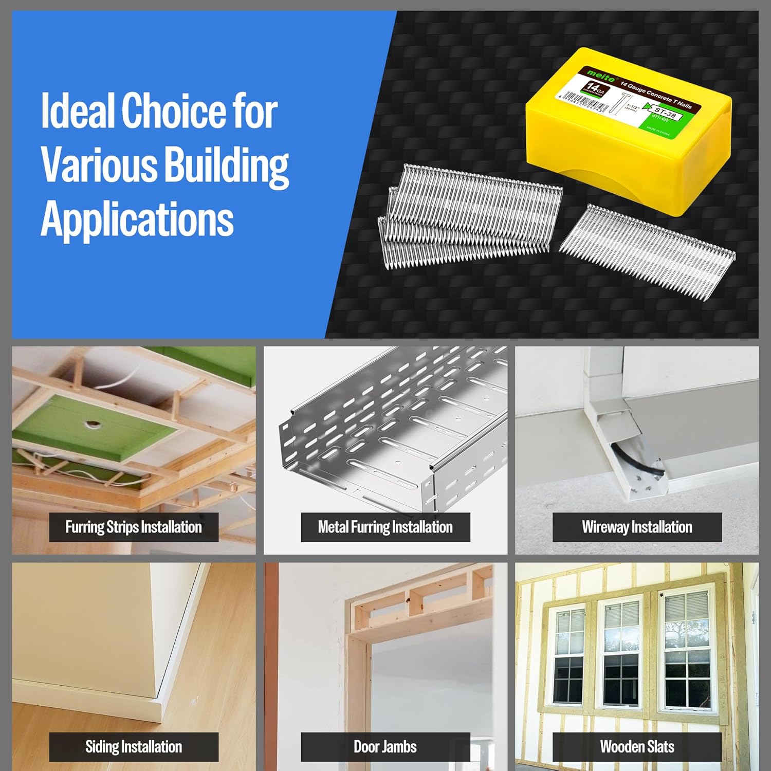 meite Concrete Nails 14 Gauge 2-1/2 Inch Galvanized T-Nails for Pneumatic or Electric Nailer Gun, 2,000pcs Glue Collated T-Head Nail for Wood-to-Concrete, High-Hardness & No-Bend (400PCS x 5 Boxes)