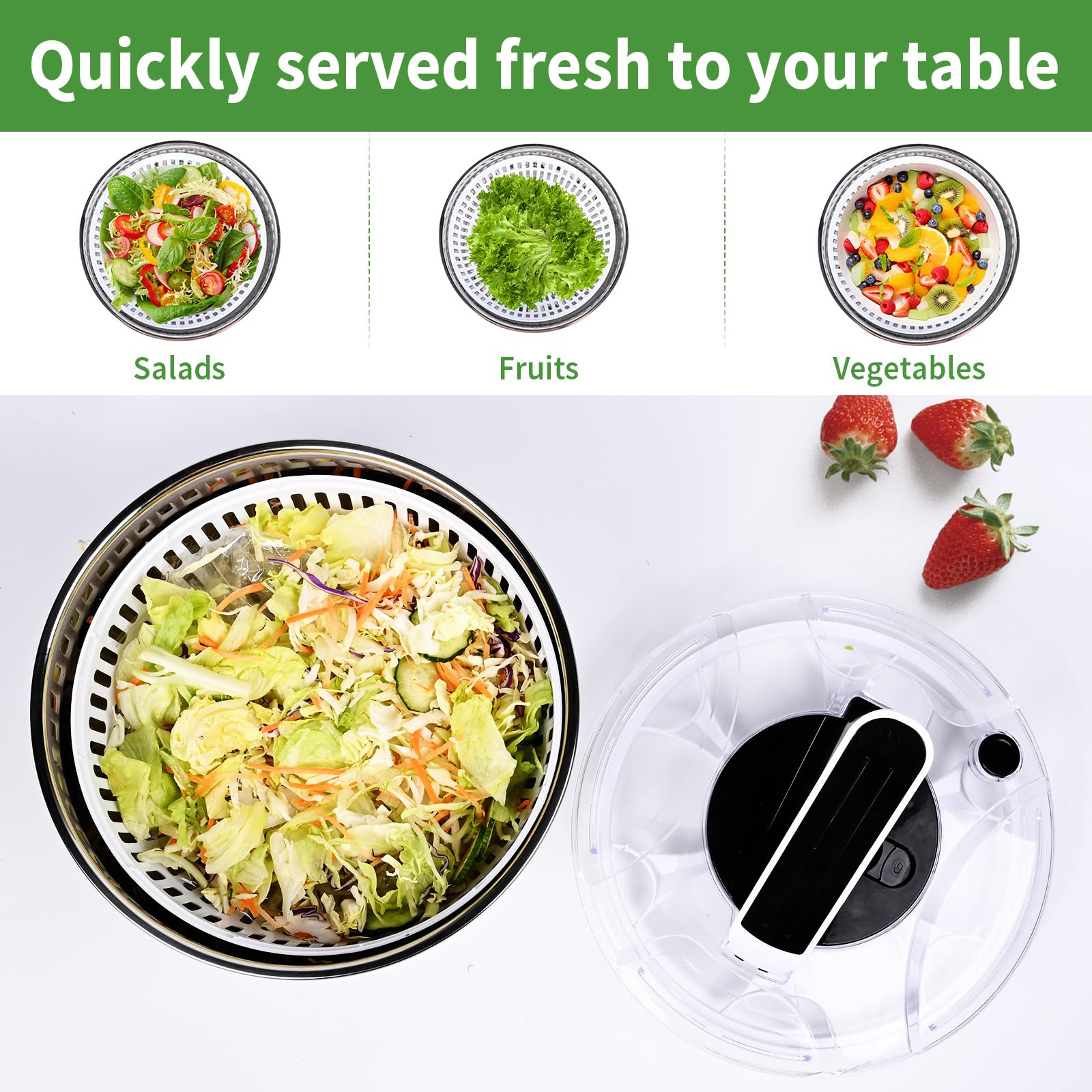 ZWOOS 4,5 L Essoreuse à Salade Acier Inoxydable Grande Sécheuse à Légumes à Pression Facile à Une Main avec Couvercle ase Antidérapante Bouton Stop Salad Spinner pour Laitue Légumes Herbes Baies