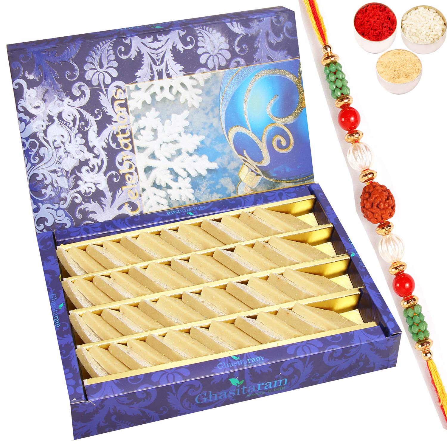 Ghasitaram Gifts Rakhi Gifts for Brother Rakhi Sweets - Ghasitarams Pure Kaju Katlis Box 800 GMS with Pearl Beads Rakhi