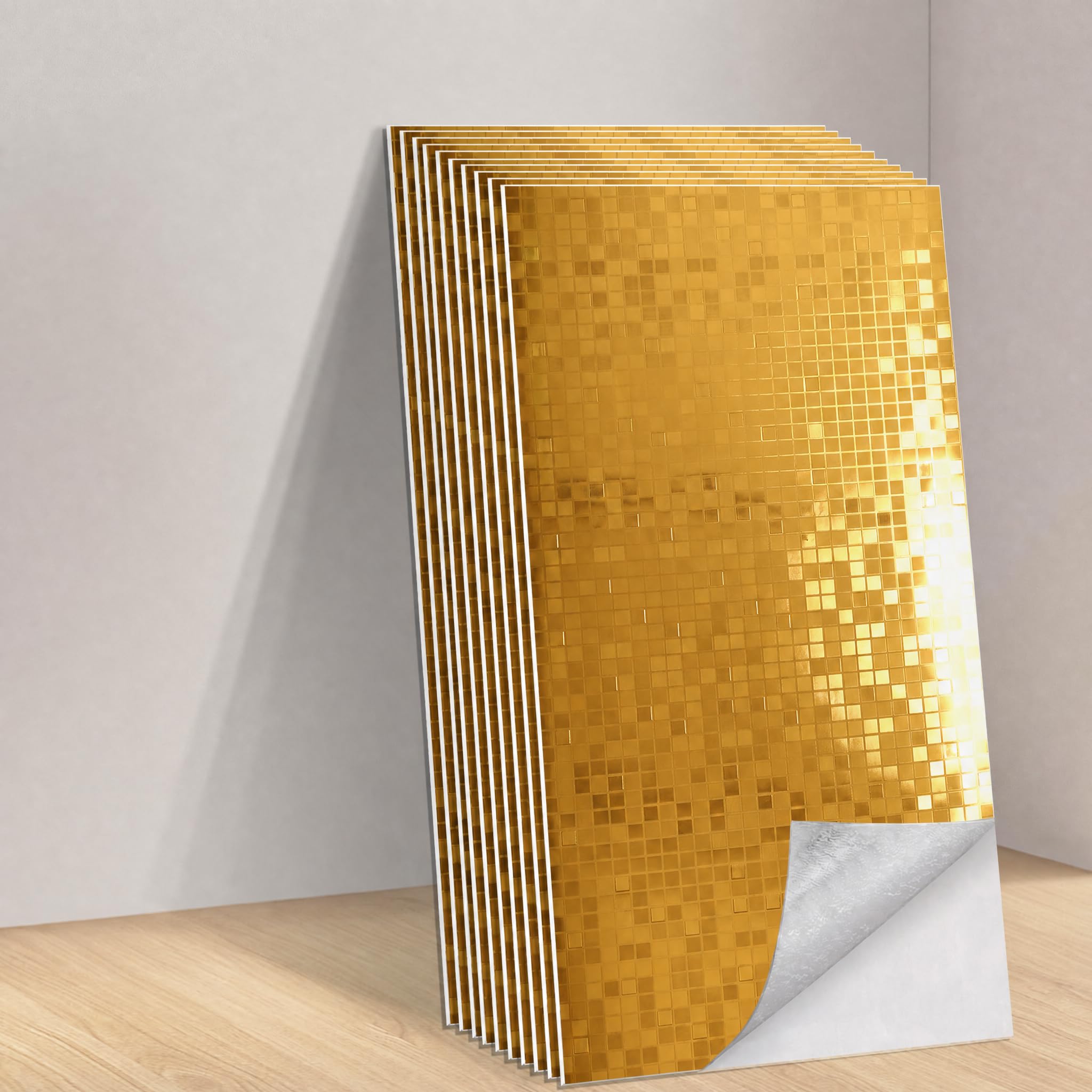 Tarwanear 80-piece Self Adhesive Wall Tile Stickers for Bathroom - 60x30cm Gold Mosaic Reflective Stick on Tiles Waterproof Peel and Stick Wall Panels for Kitchen Backsplash