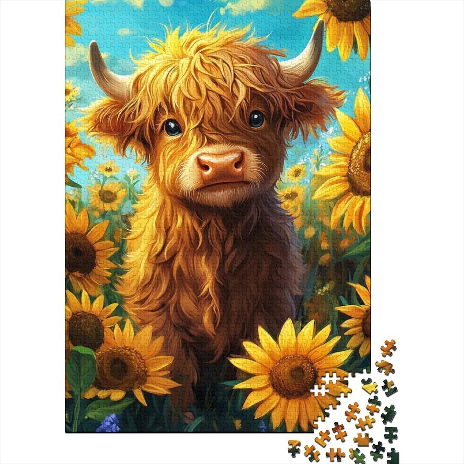 Puzzle de 1000 piezas de vaca escocesa y girasoles para una tarde de relajación familiar 8
