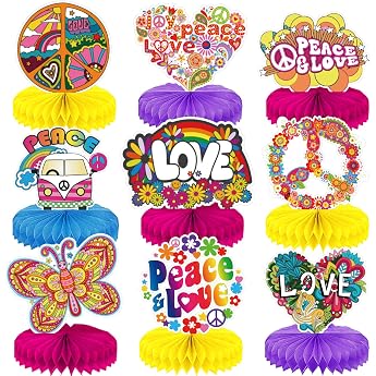 Qpout Pack of 9 Groovy Hippie Boho Party Honeycomb Centerpieces Batik Party Table Topper Honeycomb Hippie Retro Flower Rainbow Daisy Peace for 60s 70s Hippie Decorations