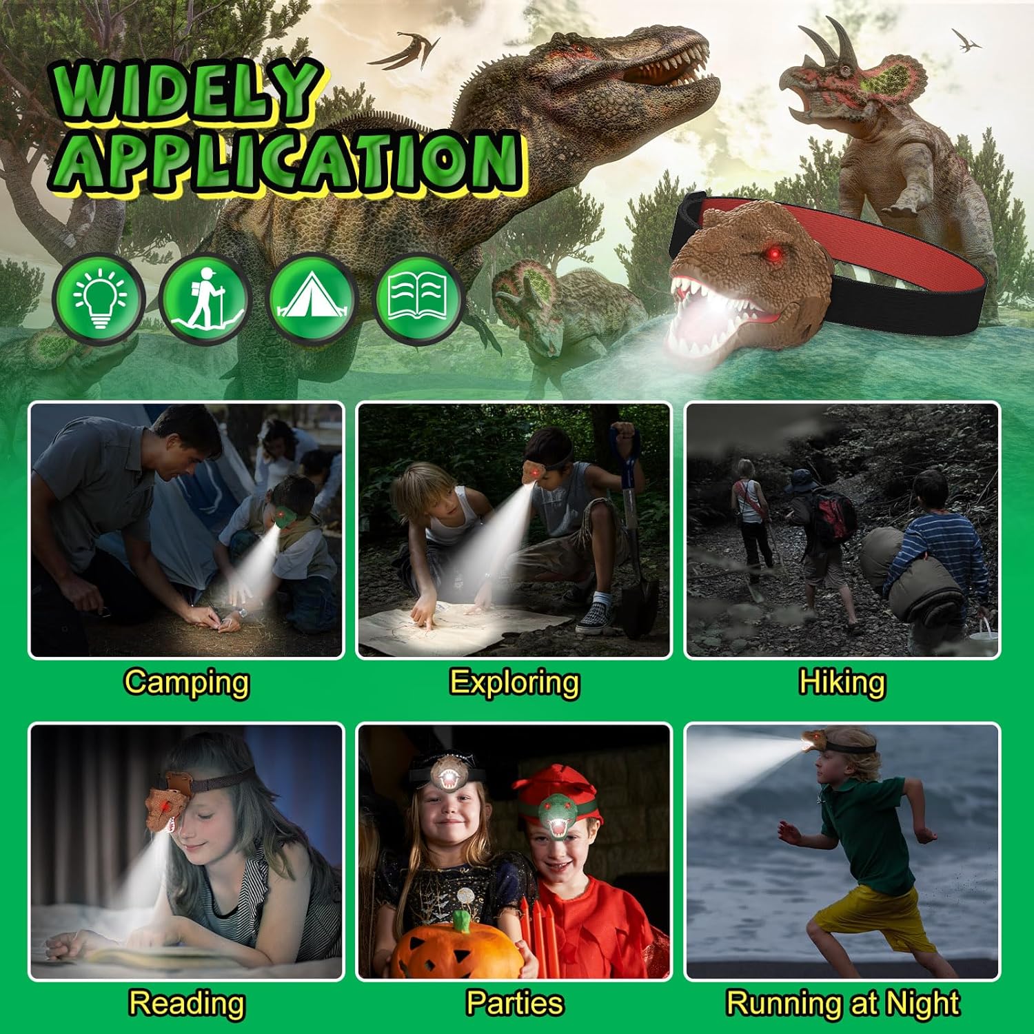 Dinosaur Headlamp Flashlight Outdoor Camping Gear LED Reading Head lamp, Hiking Headlight for Kids or Adults, Dinosaur Toys Ideal Gift for Birthday, Chirstmas, 3 AAA battery Included (Brown)