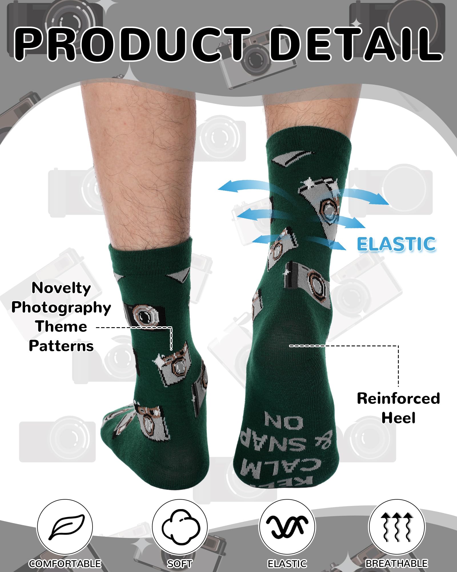 Glitopper 8 Pairs Novelty Photography Gifts Socks for Men Funny Camera Crew Socks Birthday Father's Day Gift for Photograph Lovers