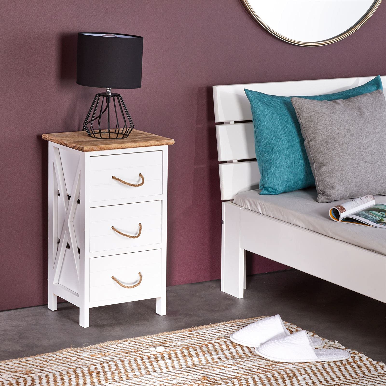 IDIMEX Table de Chevet Perugia Table de Nuit 3 tiroirs en Bois de Paulownia Style Shabby Chic Vintage Rustique campagnard Blanc